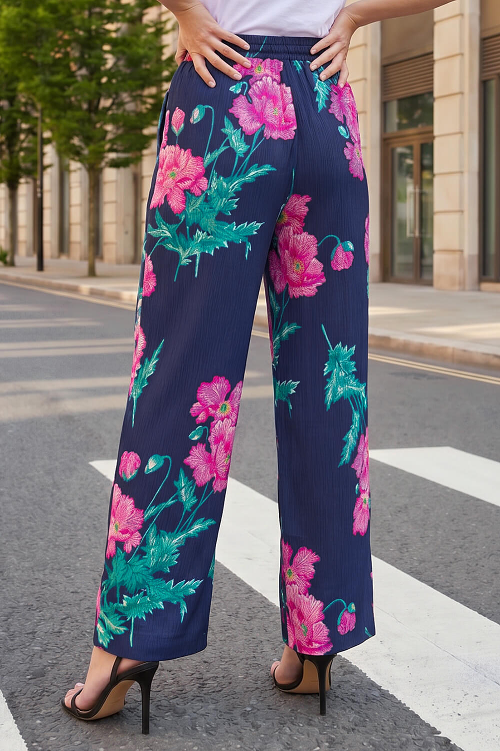 Navy Floral Textured Pull On Trouser, Image 4 of 5