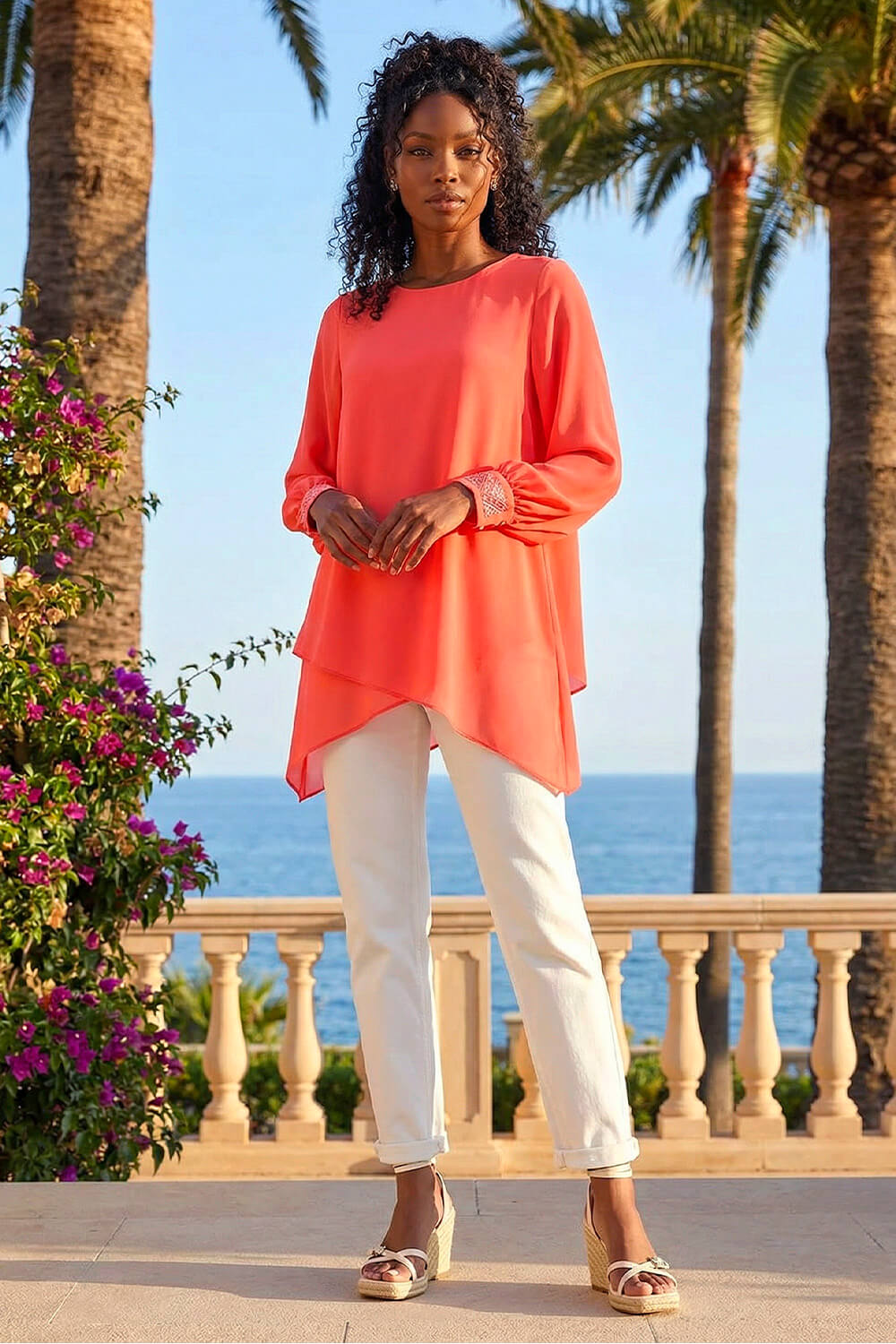 Coral Sparkly Detail Asymmetric Hem Top, Image 3 of 4