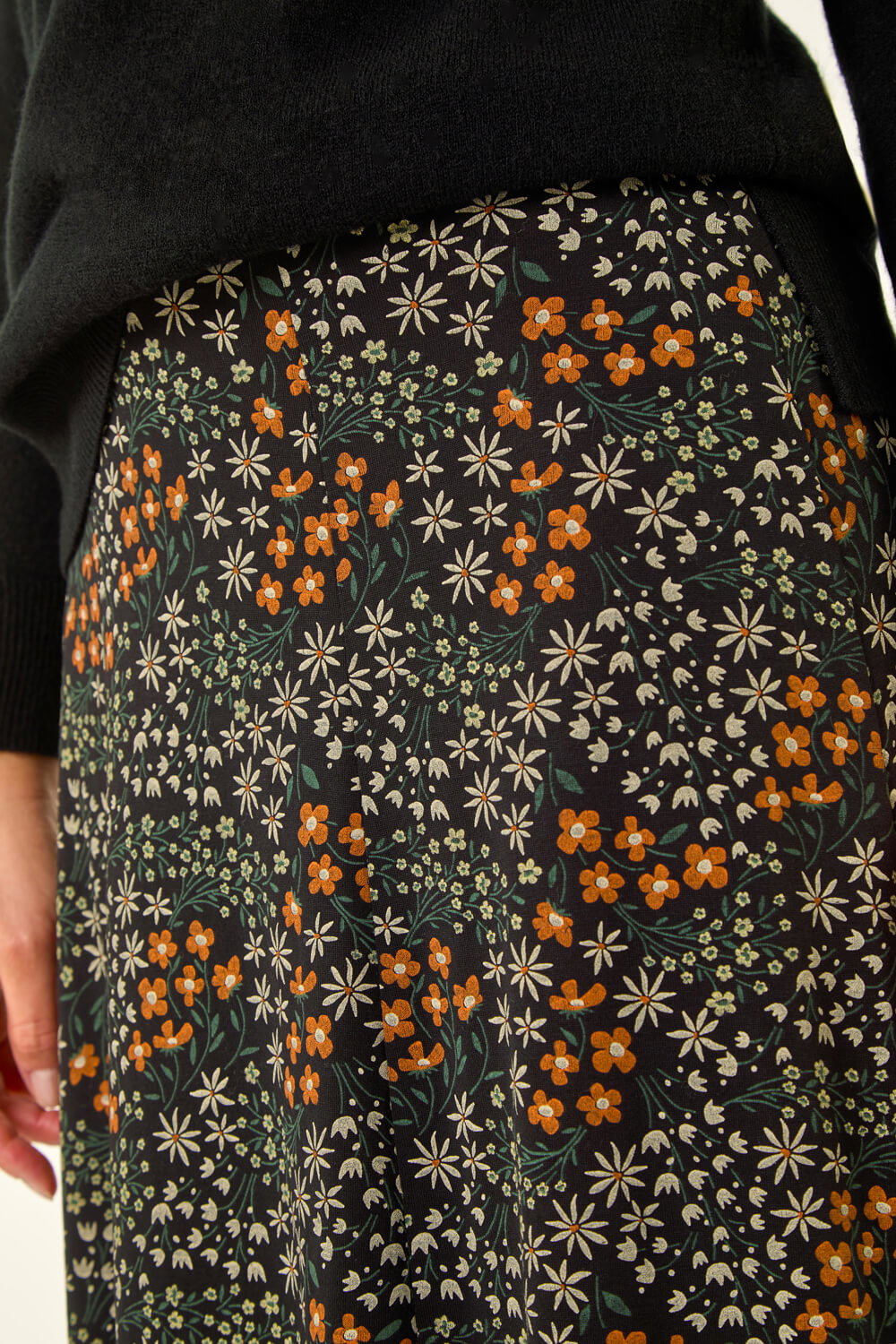 Orange Ditsy Floral Print Stretch Midi Skirt, Image 6 of 5