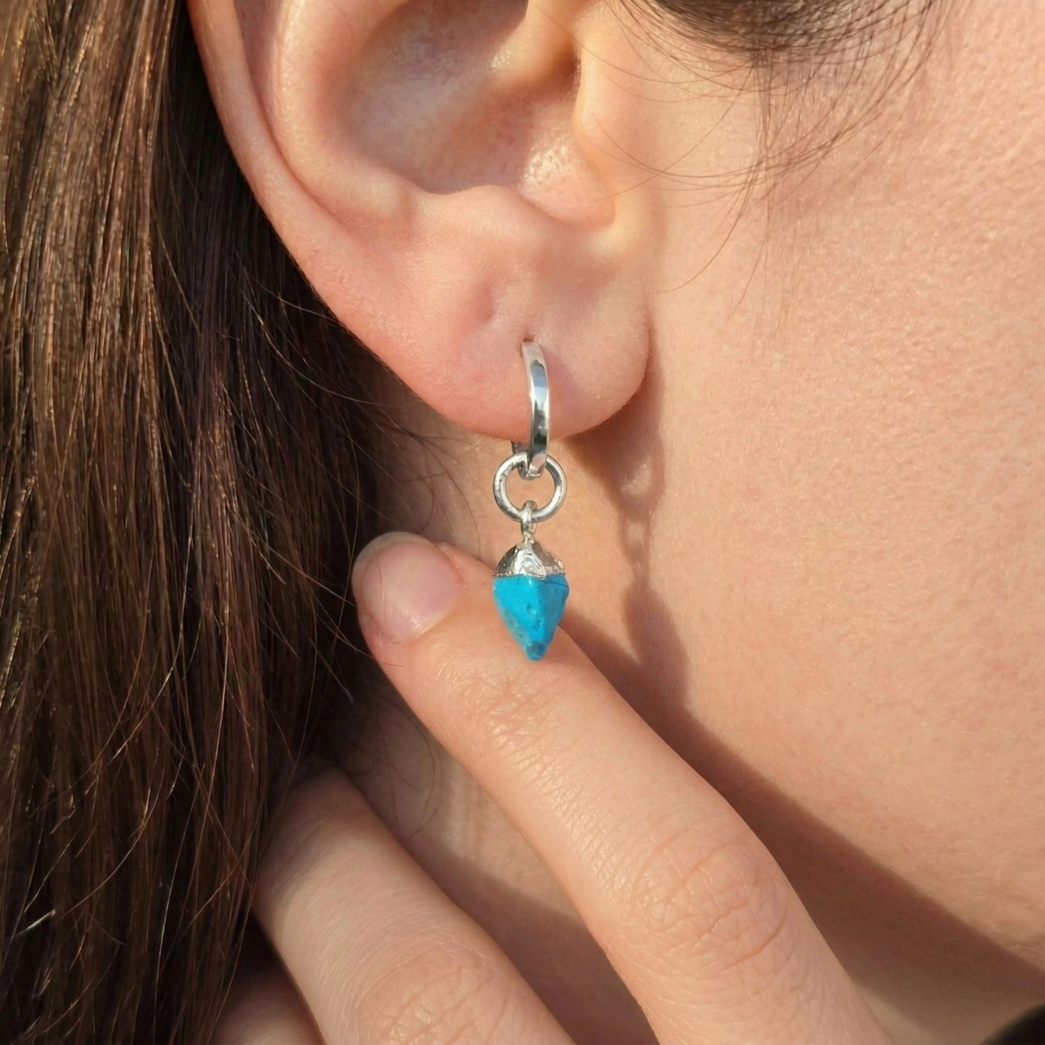 Silver Raw Turquoise December Birthstone Silver Huggies, Image 2 of 4