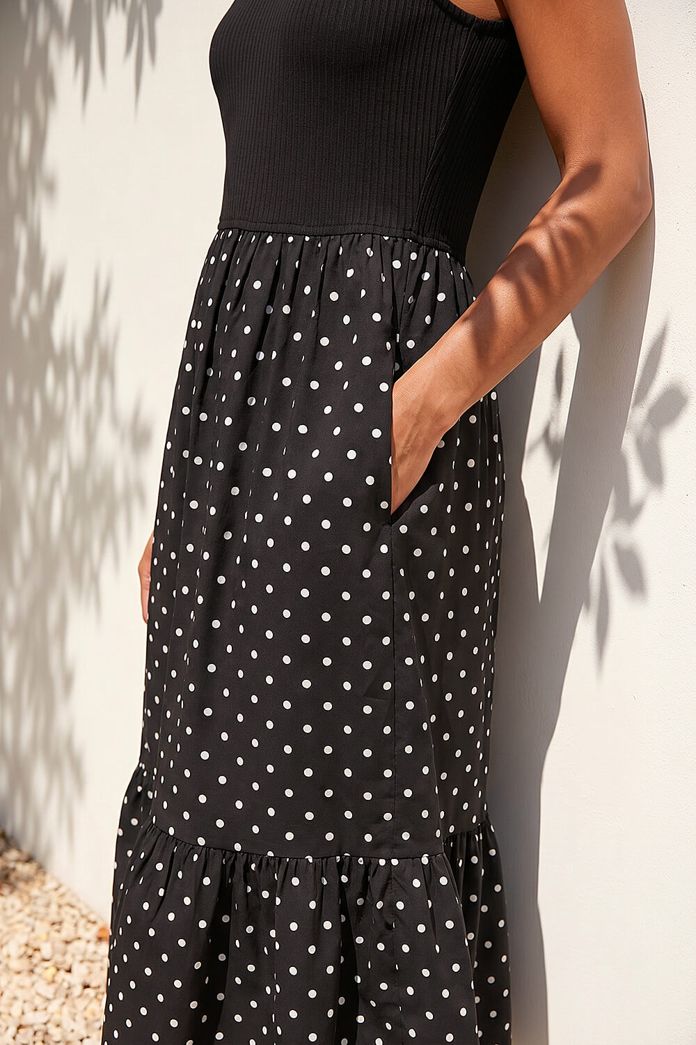 Black Dusk Polka Dot Ribbed Midi Dress , Image 5 of 4