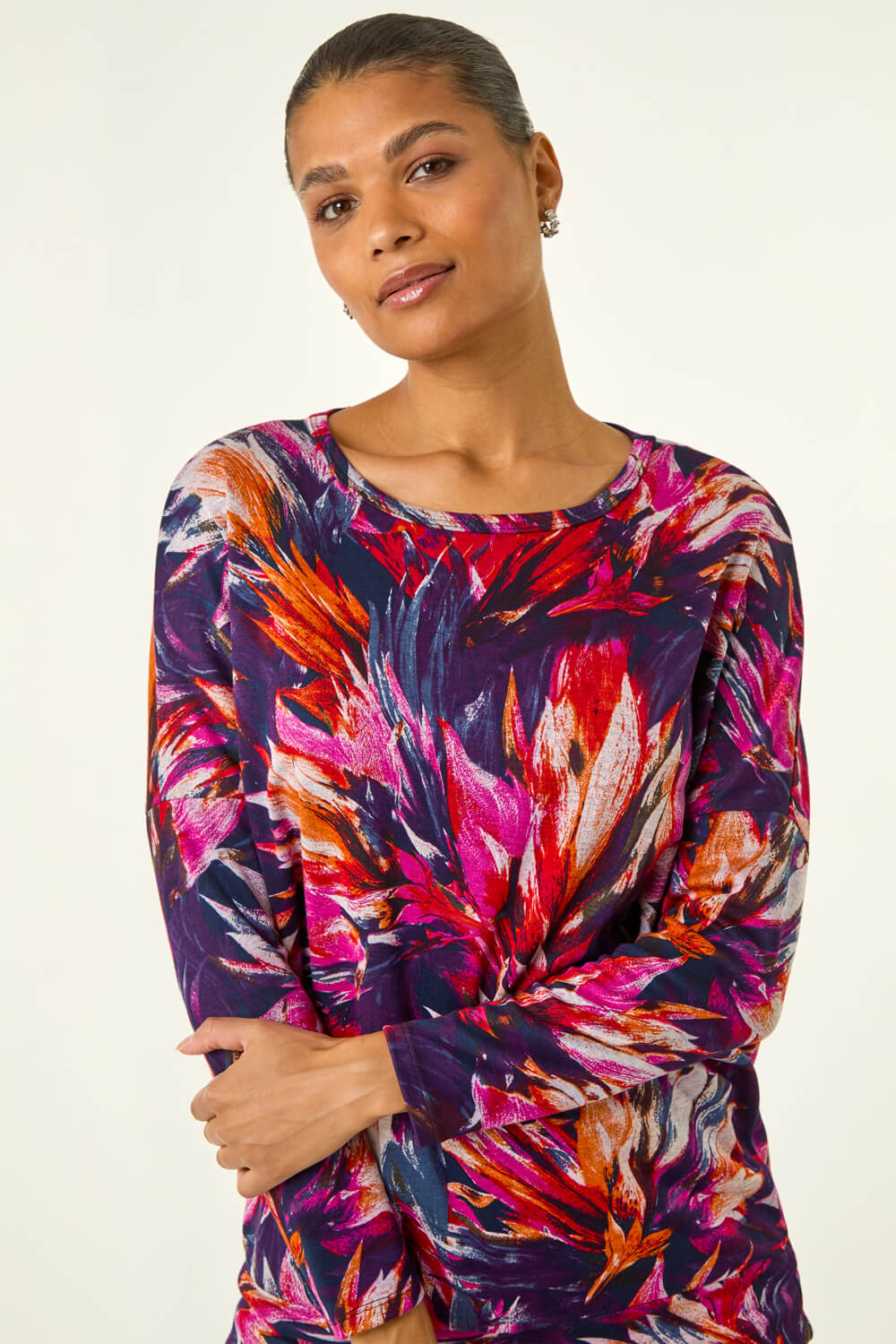 Navy Floral Print Bubble Hem Stretch Top, Image 5 of 5