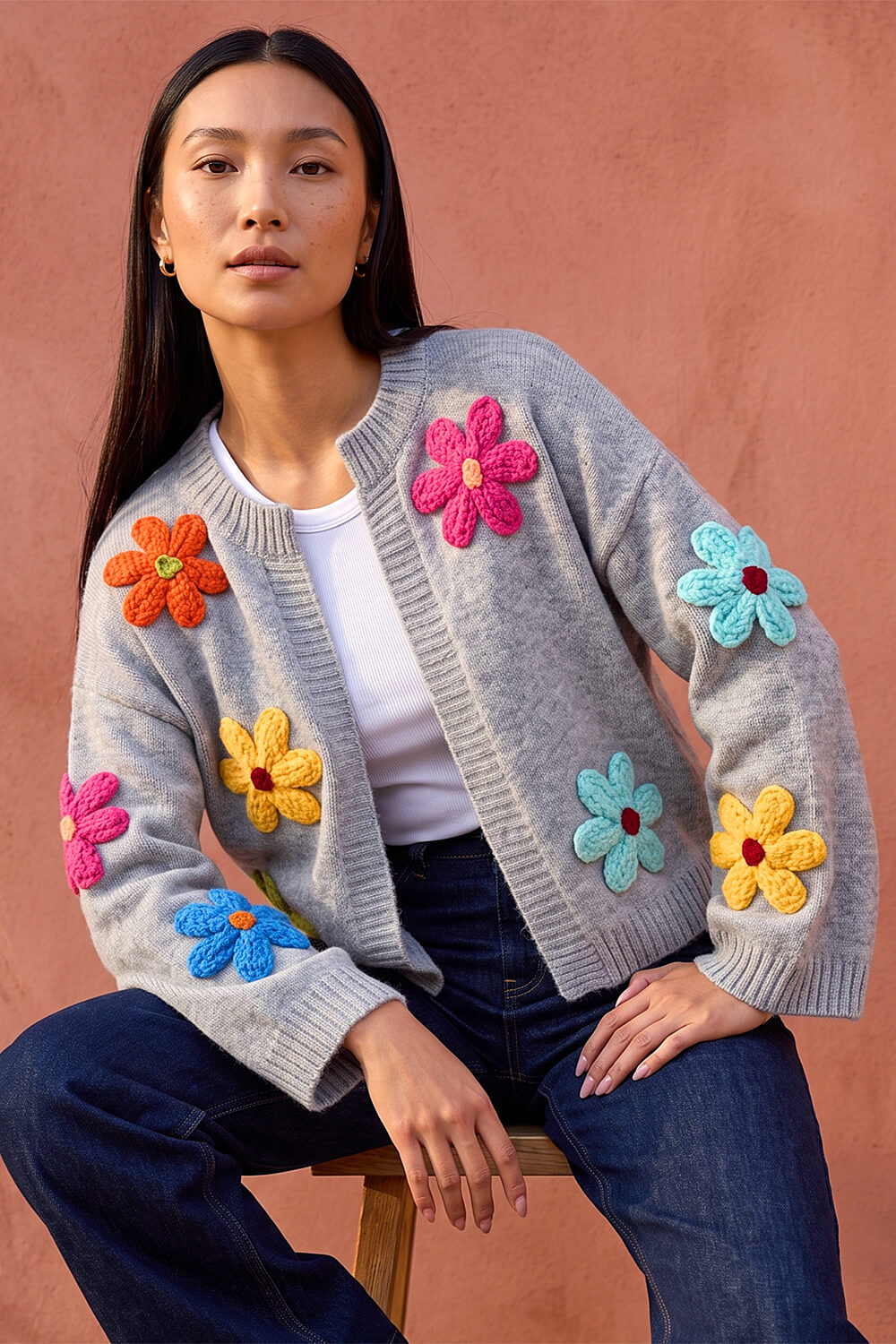 Roman Women's Grey Multi Floral Knit Cardigan Size 16