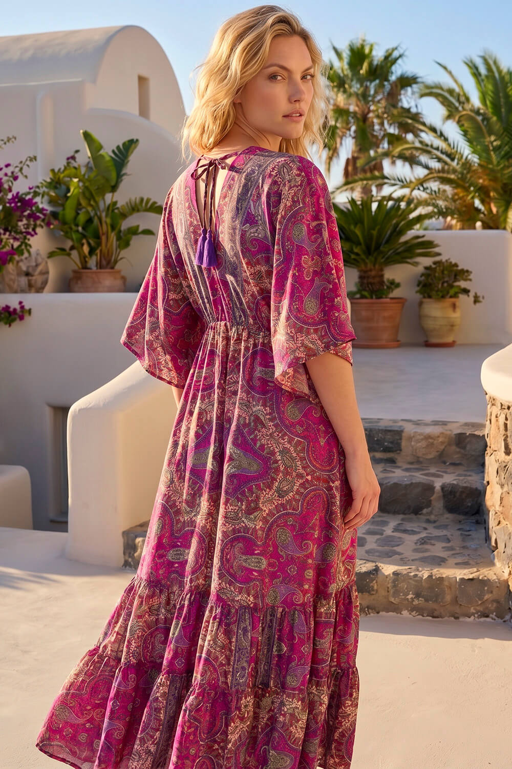 Fuchsia Paisley Print Boho Maxi Dress, Image 4 of 4