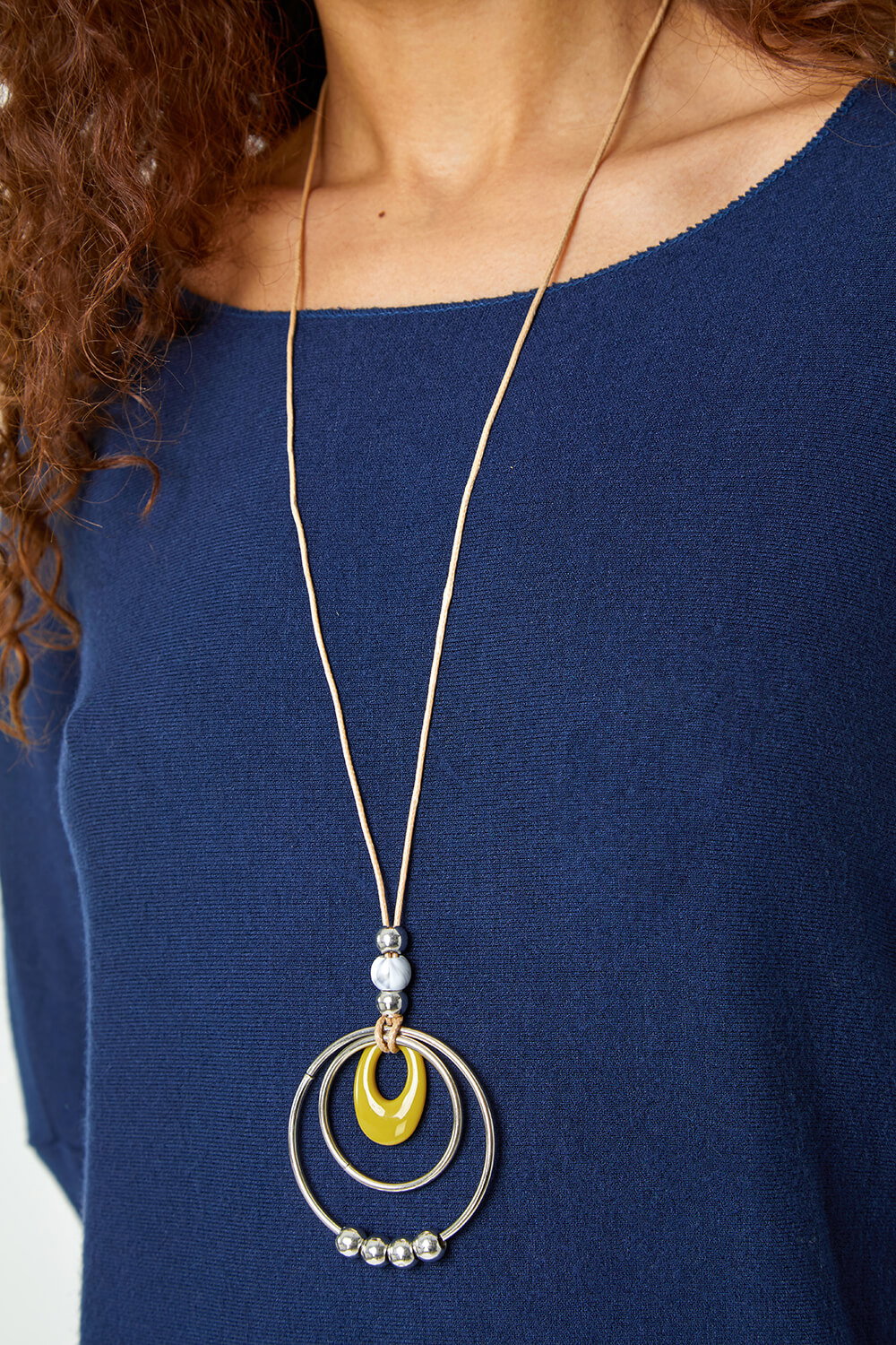 Navy Necklace Detail Stretch Knit Top, Image 6 of 5