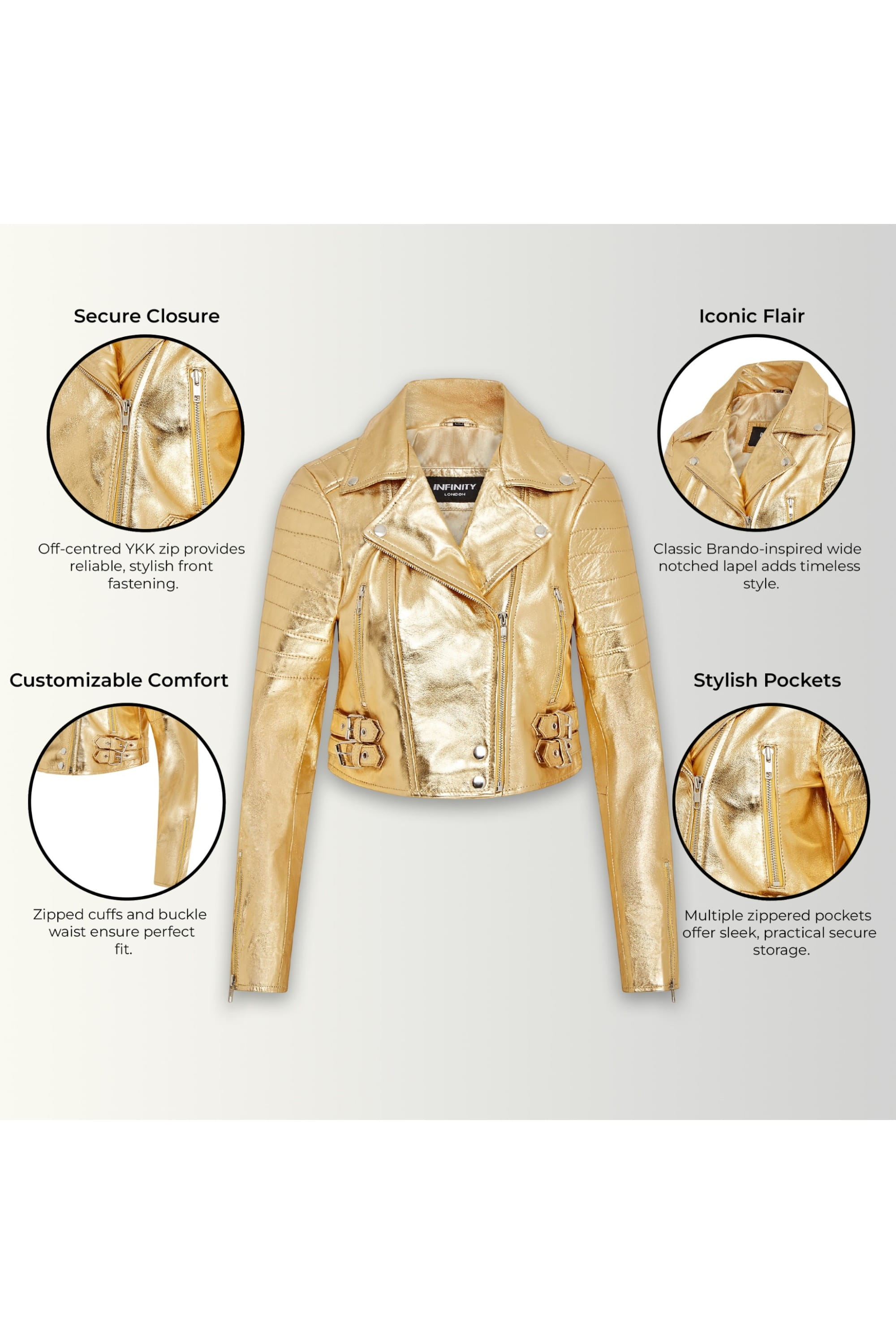 Gold Cropped Brando Leather Biker Jacket, Image 3 of 7