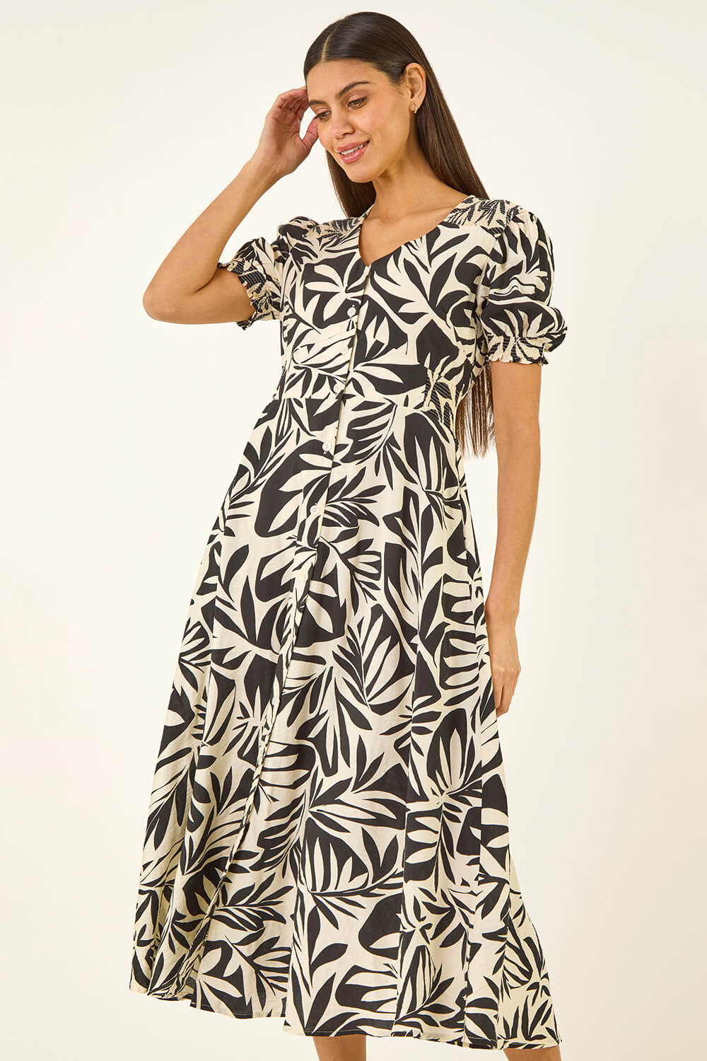 Black Abstract Print Button Midi Dress, Image 3 of 5