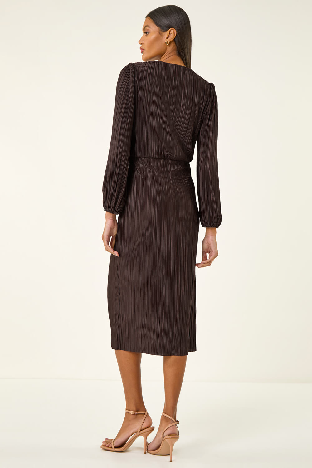 Chocolate Plisse Twist Front Midi Dress, Image 4 of 5