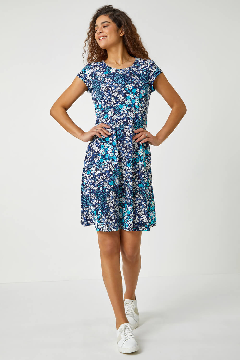Womens Blue Floral Casual Spring Tea Dress S, M, L