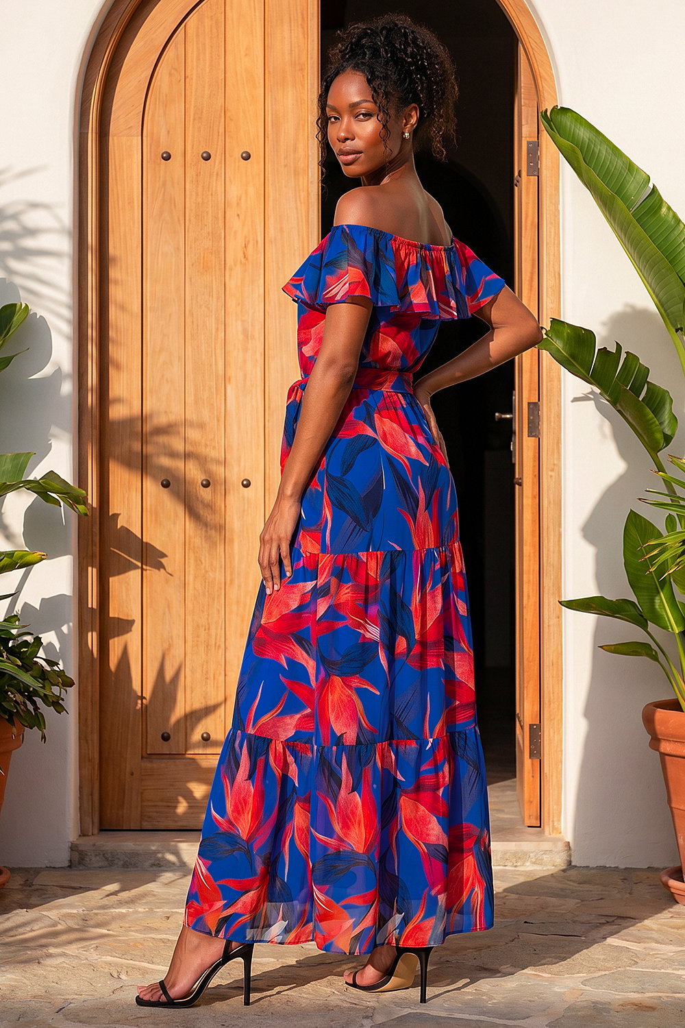 Navy Floral Print Bardot Belted Maxi Dress, Image 4 of 4
