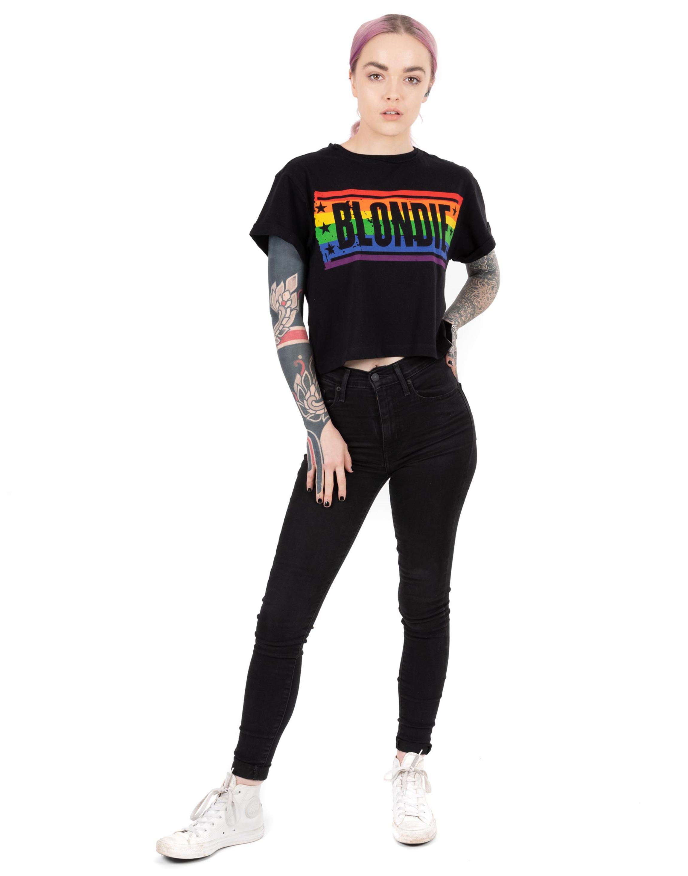 Black Blondie Cropped T-Shirt Ladies Rainbow Logo, Image 2 of 4