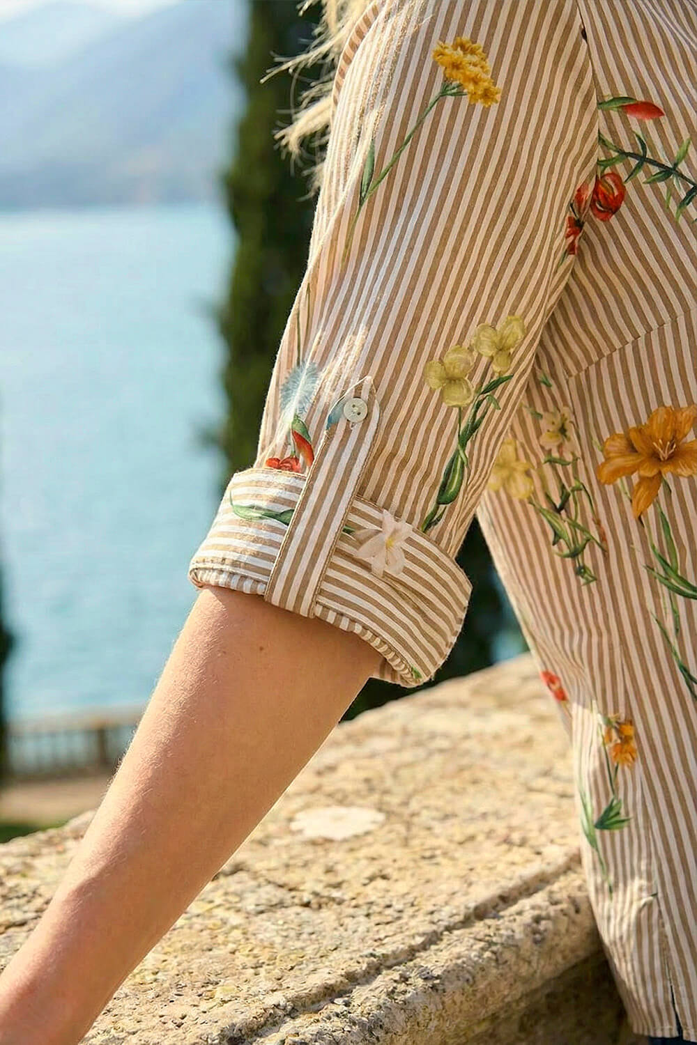 Taupe Floral Stripe Pleated Top, Image 5 of 4