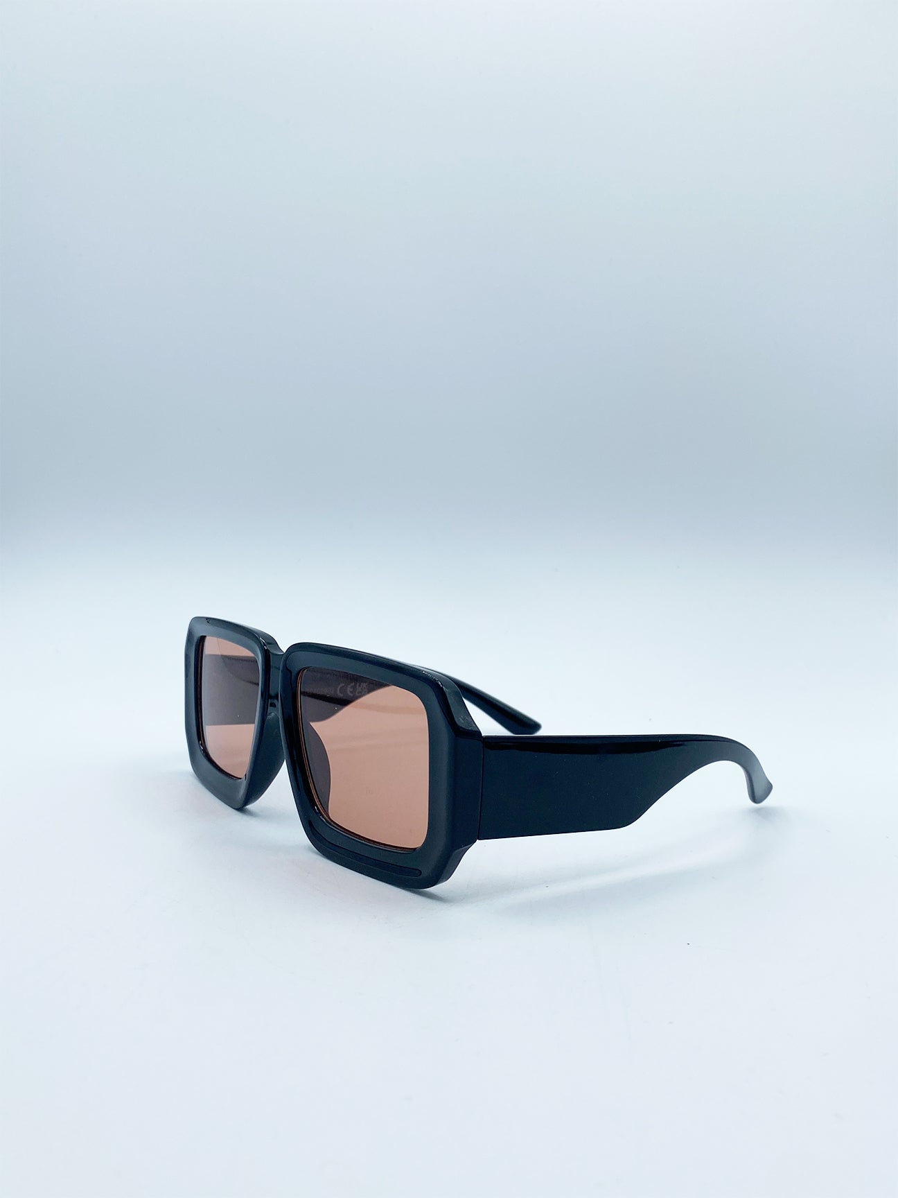 Black Oversized Square Frame Sunglasses In Black with Orange Lenses, Image 3 of 6