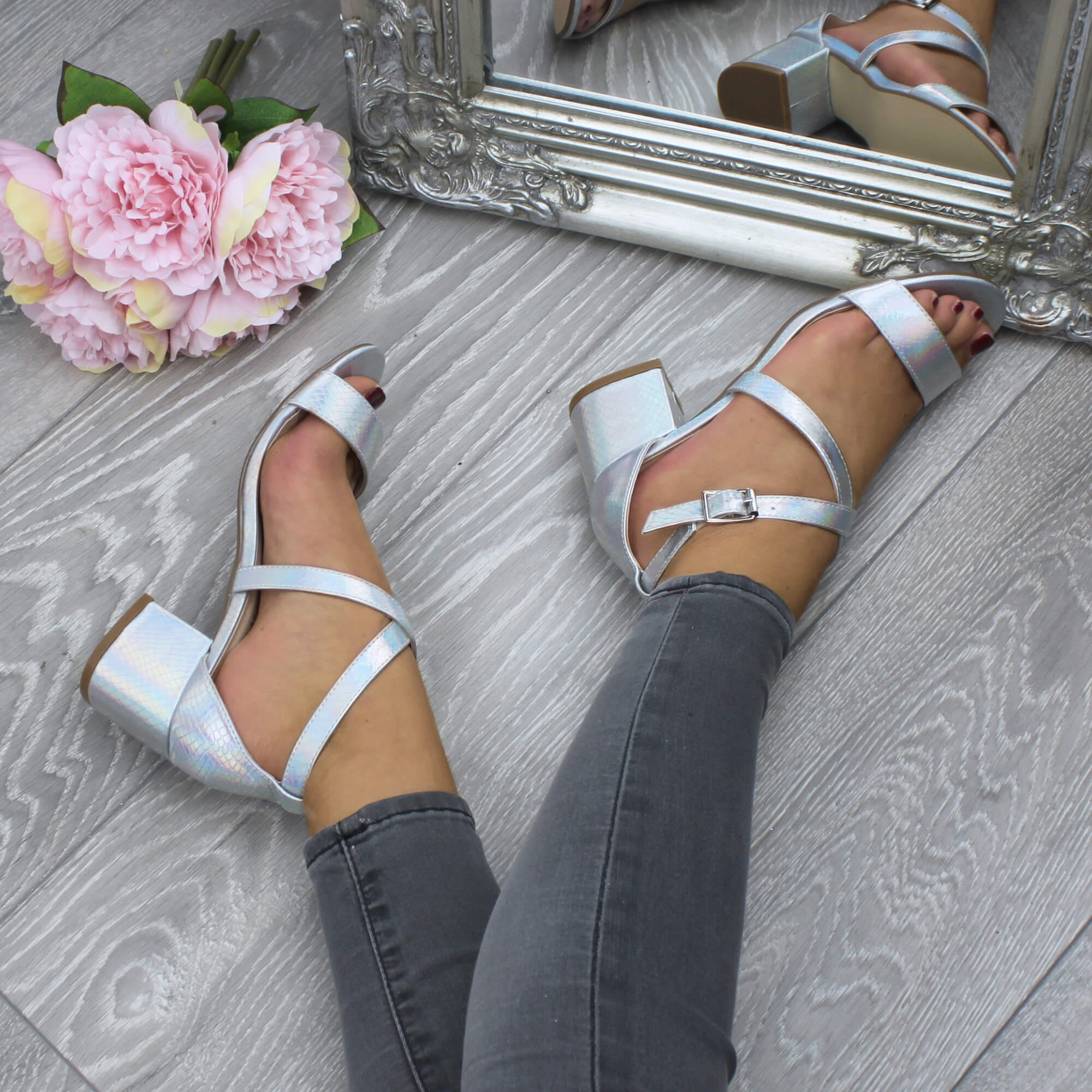 Silver Mid Block Heel Crossed Straps Sandals, Image 5 of 6