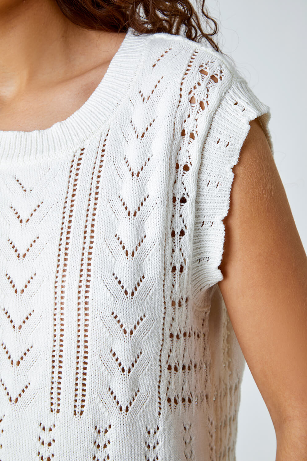 Ivory Pointelle Cotton Blend Knitted Vest, Image 6 of 7