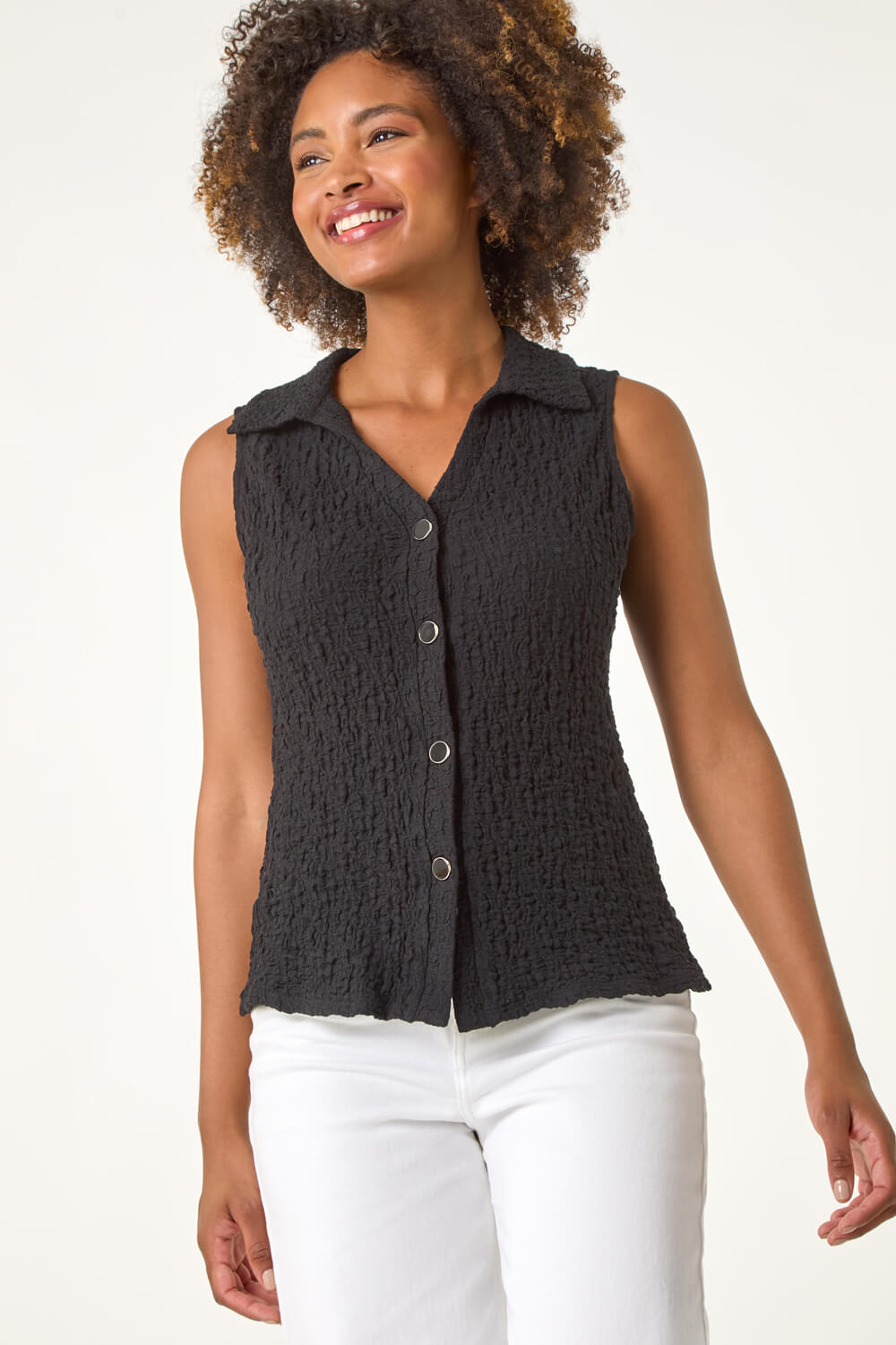 Black Textured Sleeveless Buttoned Blouse, Image 5 of 5