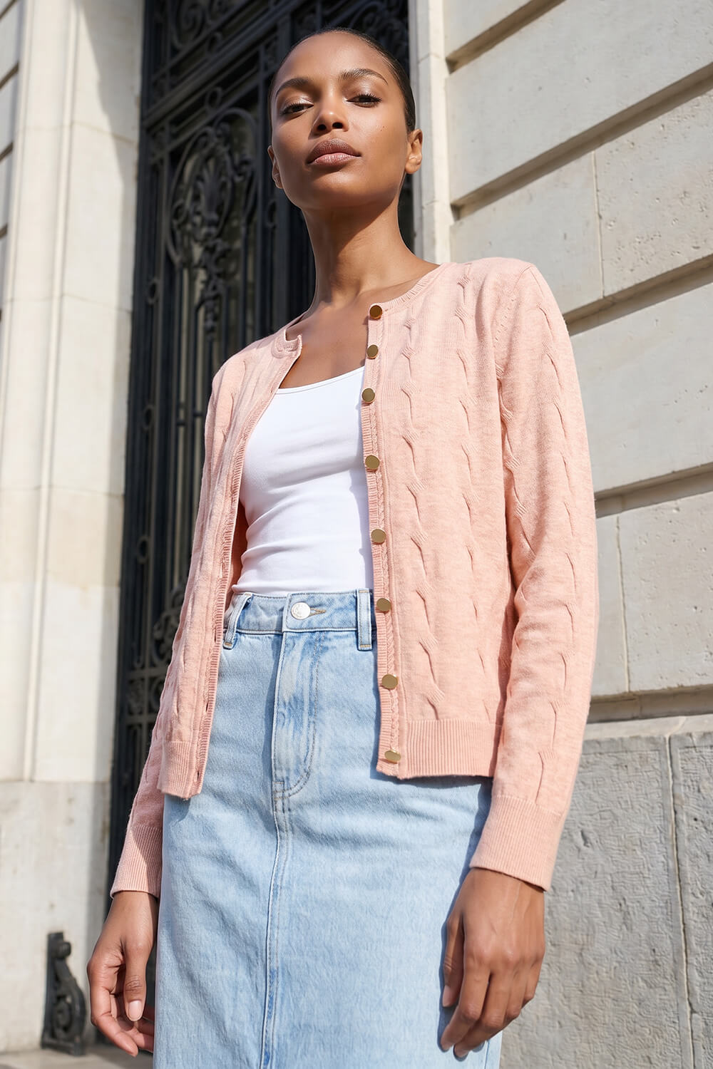 Light Pink Textured Cable Knit Cardigan, Image 1 of 4