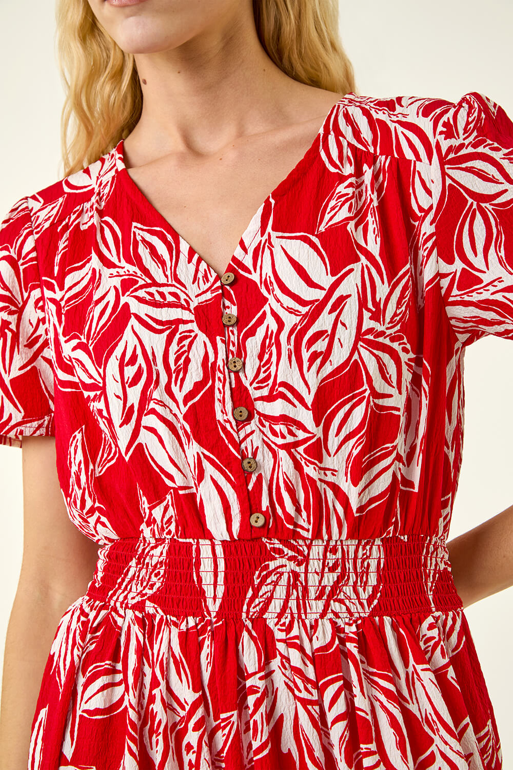 Red Leaf Print Shirred Maxi Dress, Image 6 of 5