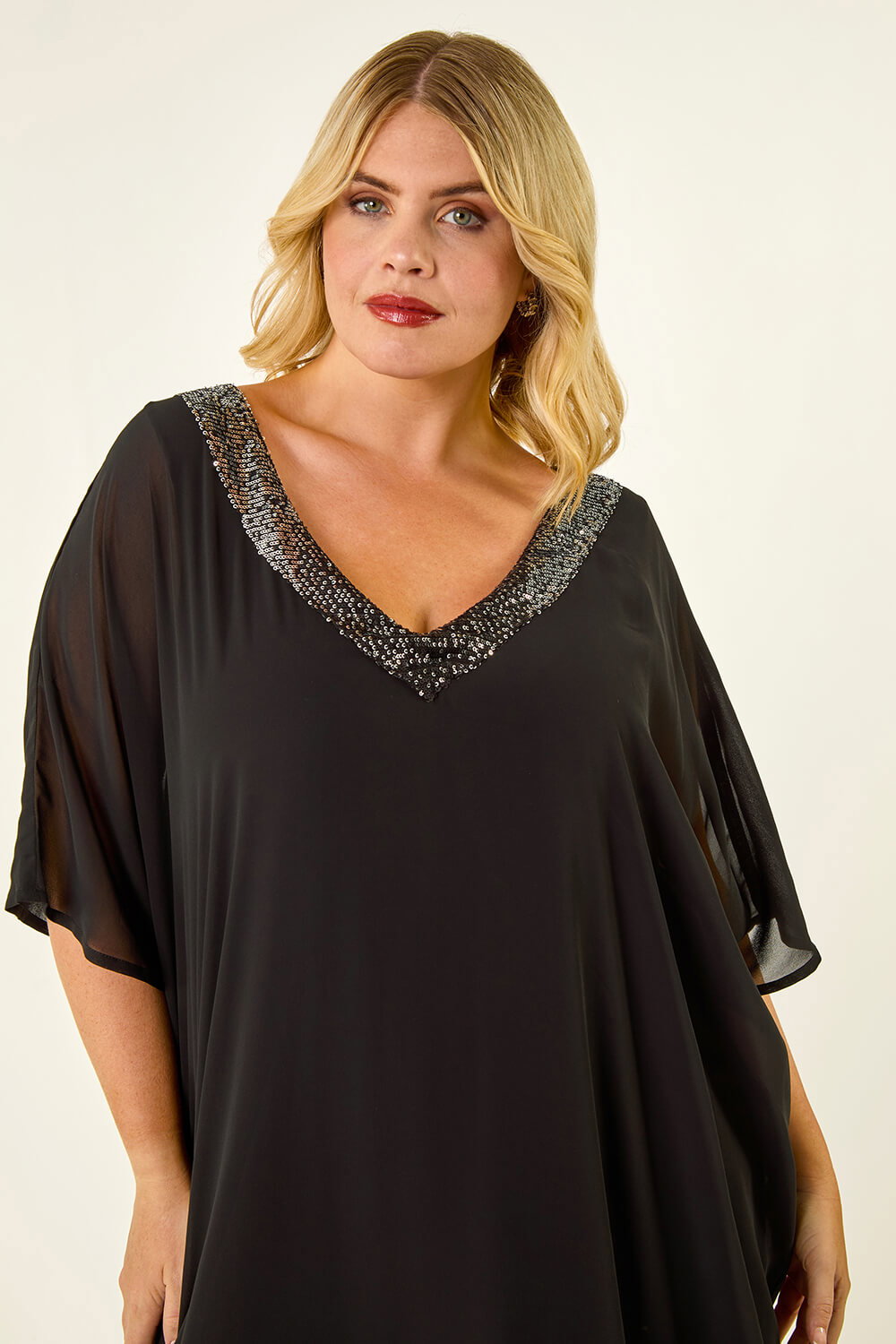 Black Curve Sequin Chiffon Overlay Dress, Image 5 of 5