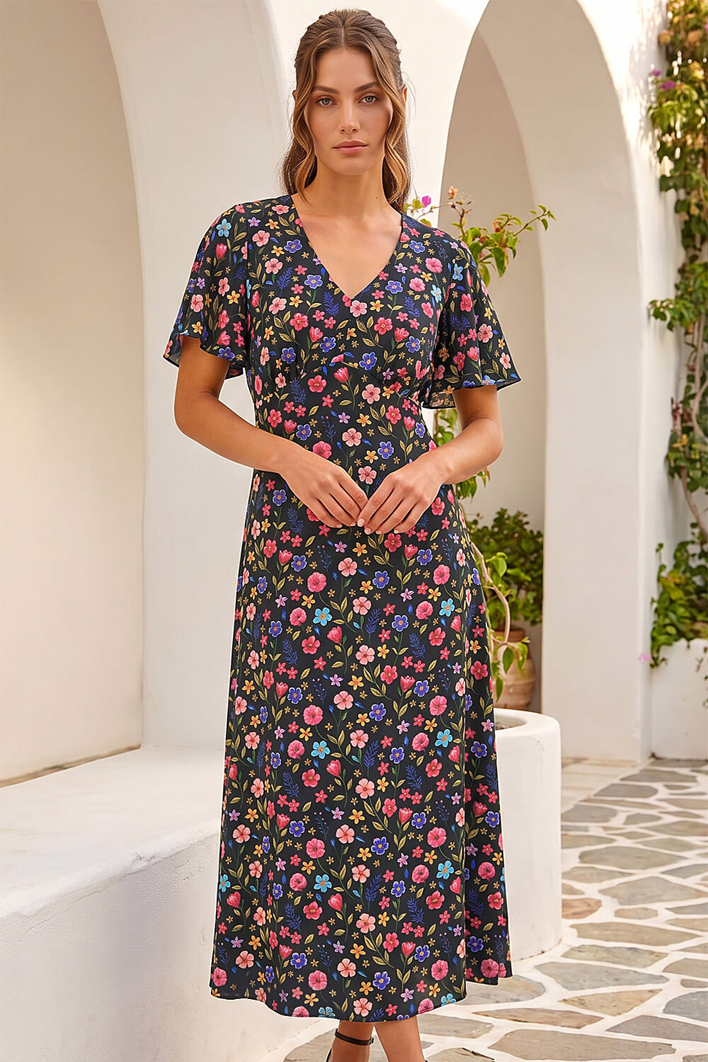 Black Petite Ditsy Floral Print Midi Dress, Image 3 of 4