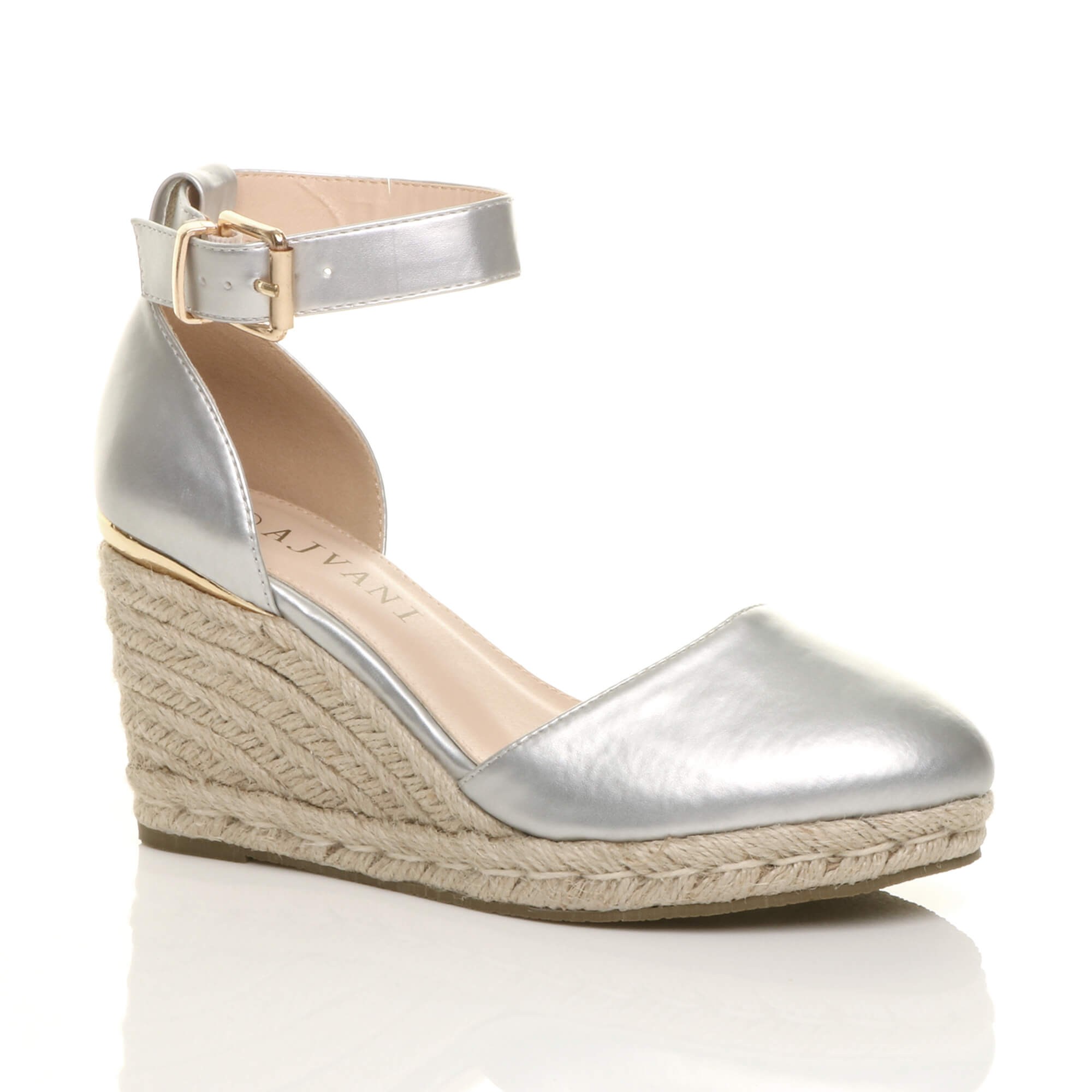 Silver AJVANI Silver Mid Wedge Heel Ankle Strap Espadrille Sandals, Image 1 of 6