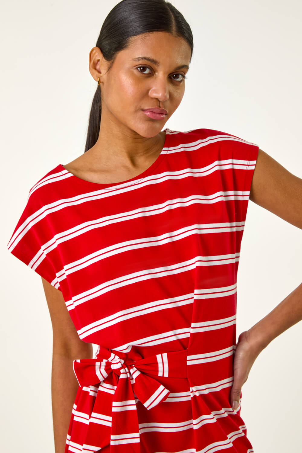 Red Stripe Tie Side Stretch Midi Dress, Image 5 of 5