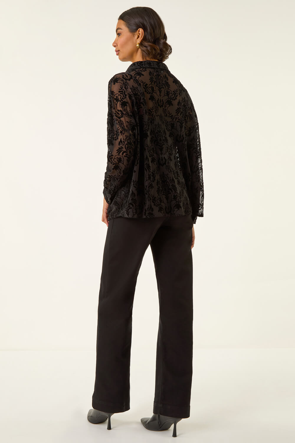 Black Textured Floral V-Neck Top, Image 5 of 6
