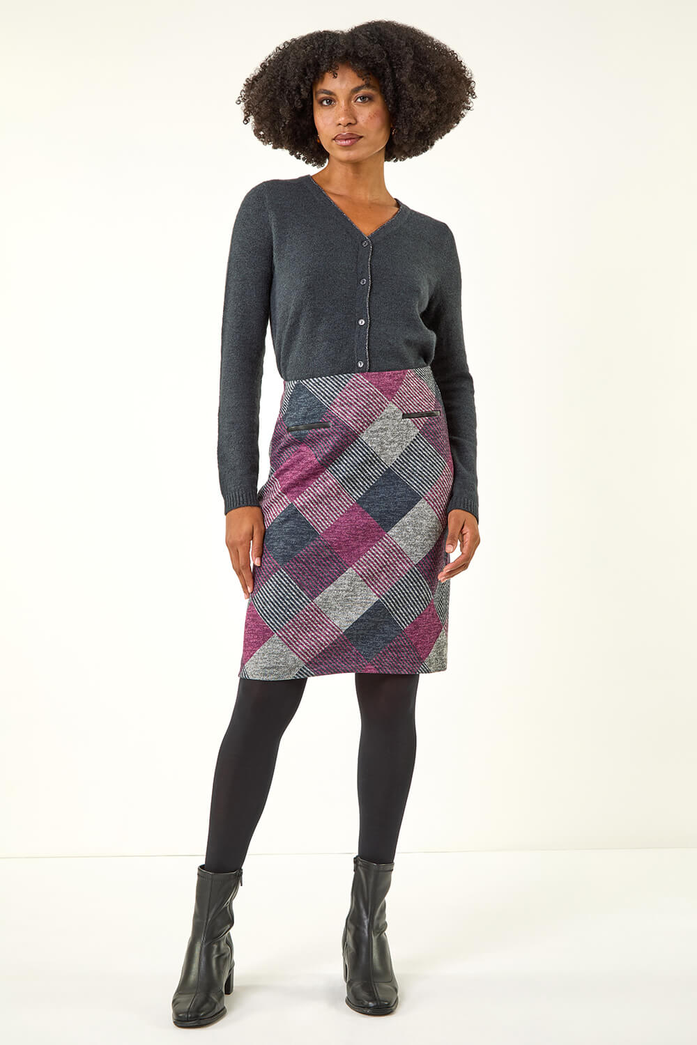 Pink Elastic Waist Check Print Pocket A Line Skirt, Image 3 of 5