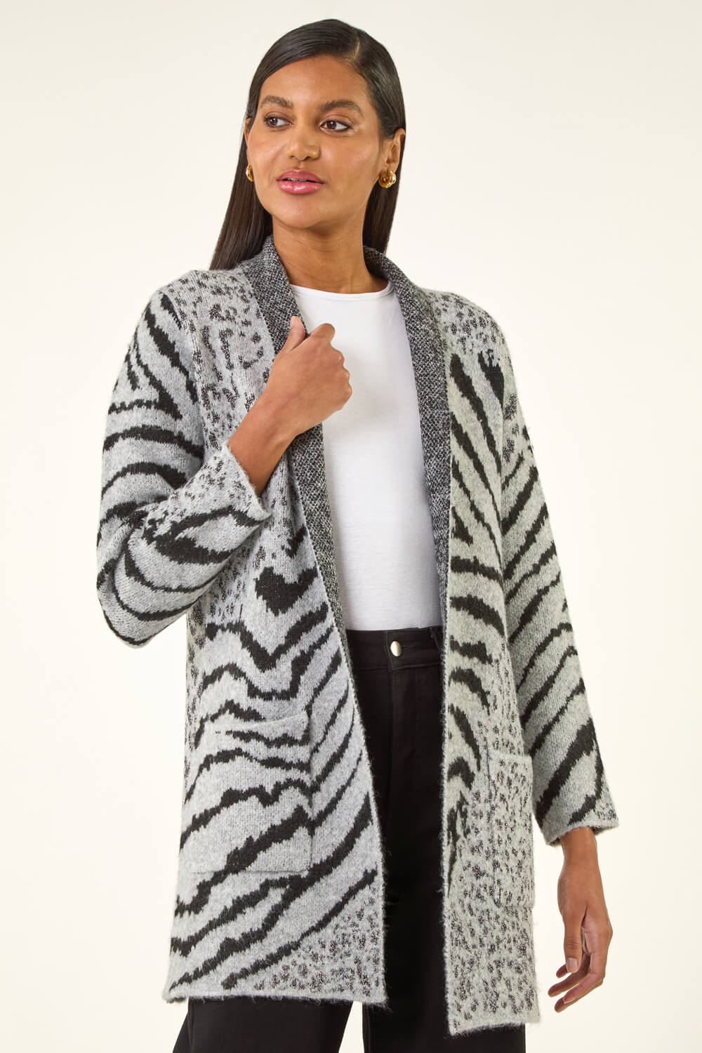Grey Multi Animal Print Soft Knit Cardigan | Roman UK