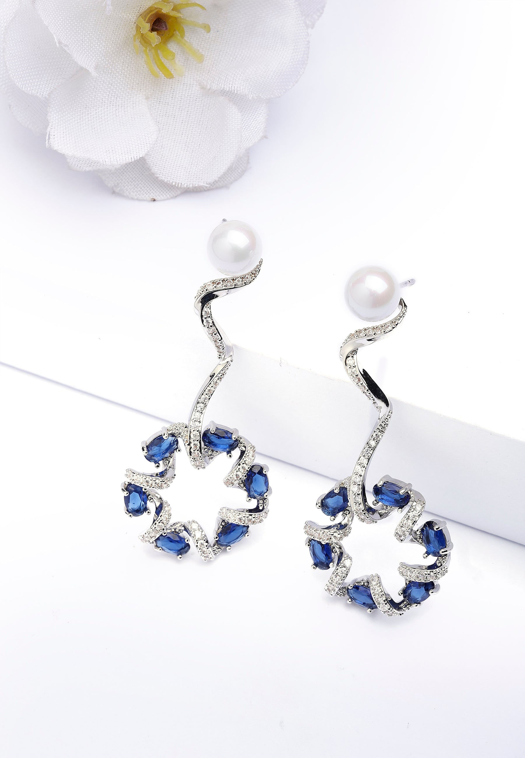 Navy Blue Dainty Dark Blue Swirl Drop Earrings, Image 2 of 5