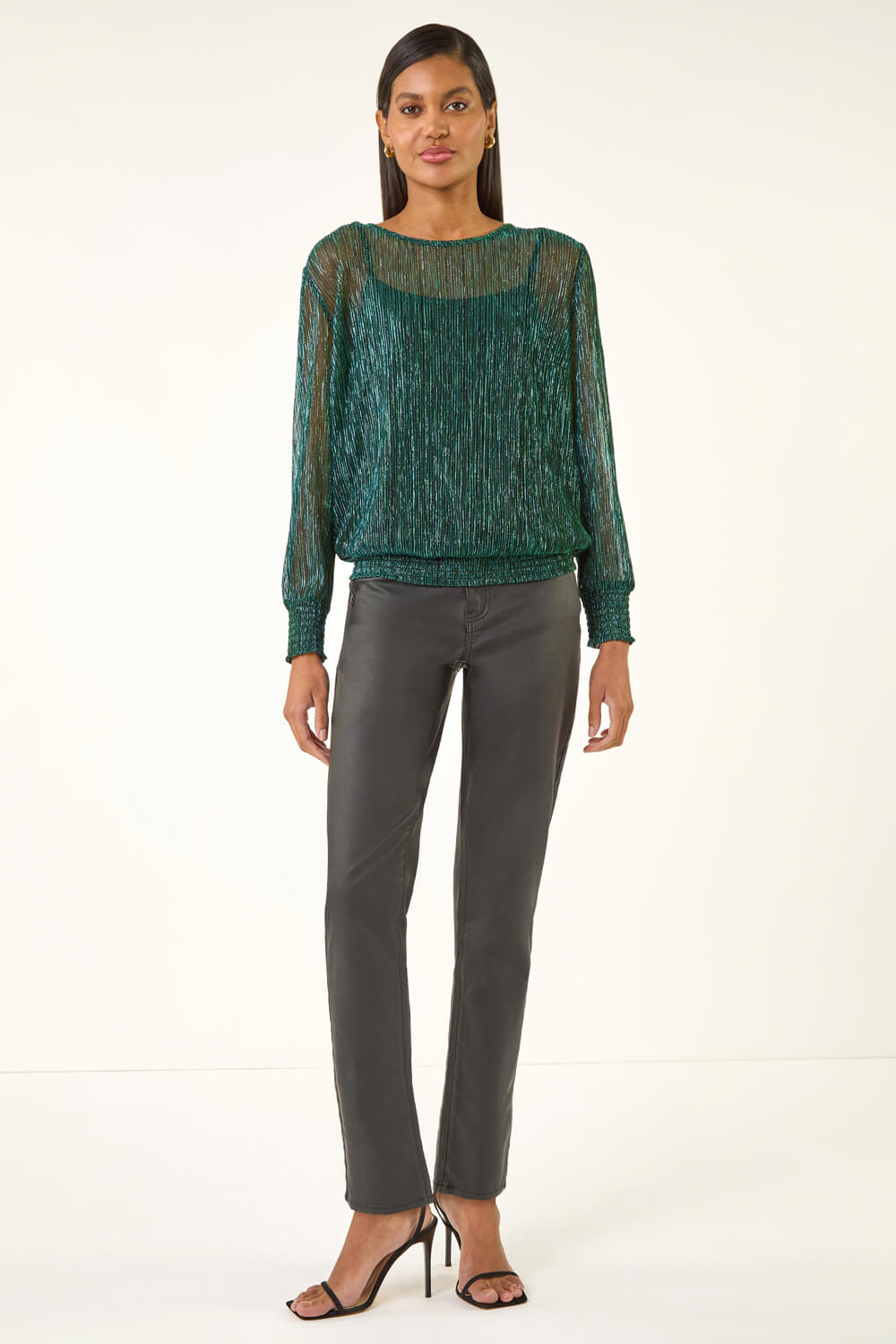 Forest Plisse Shimmer Shirred Hem Top, Image 3 of 5