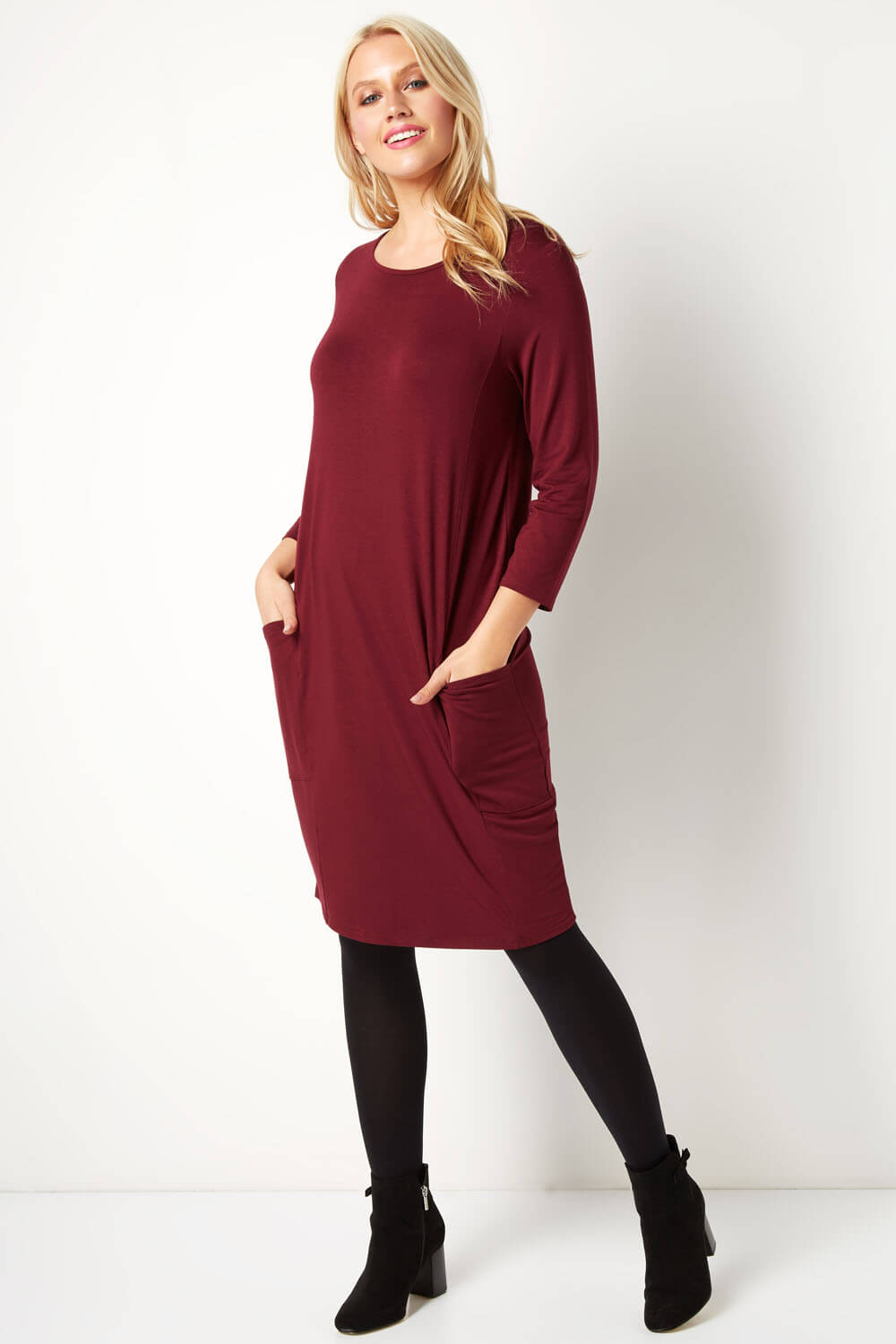 Wine Red 3/4 Sleeve Slouch Dress, Image 3 of 4