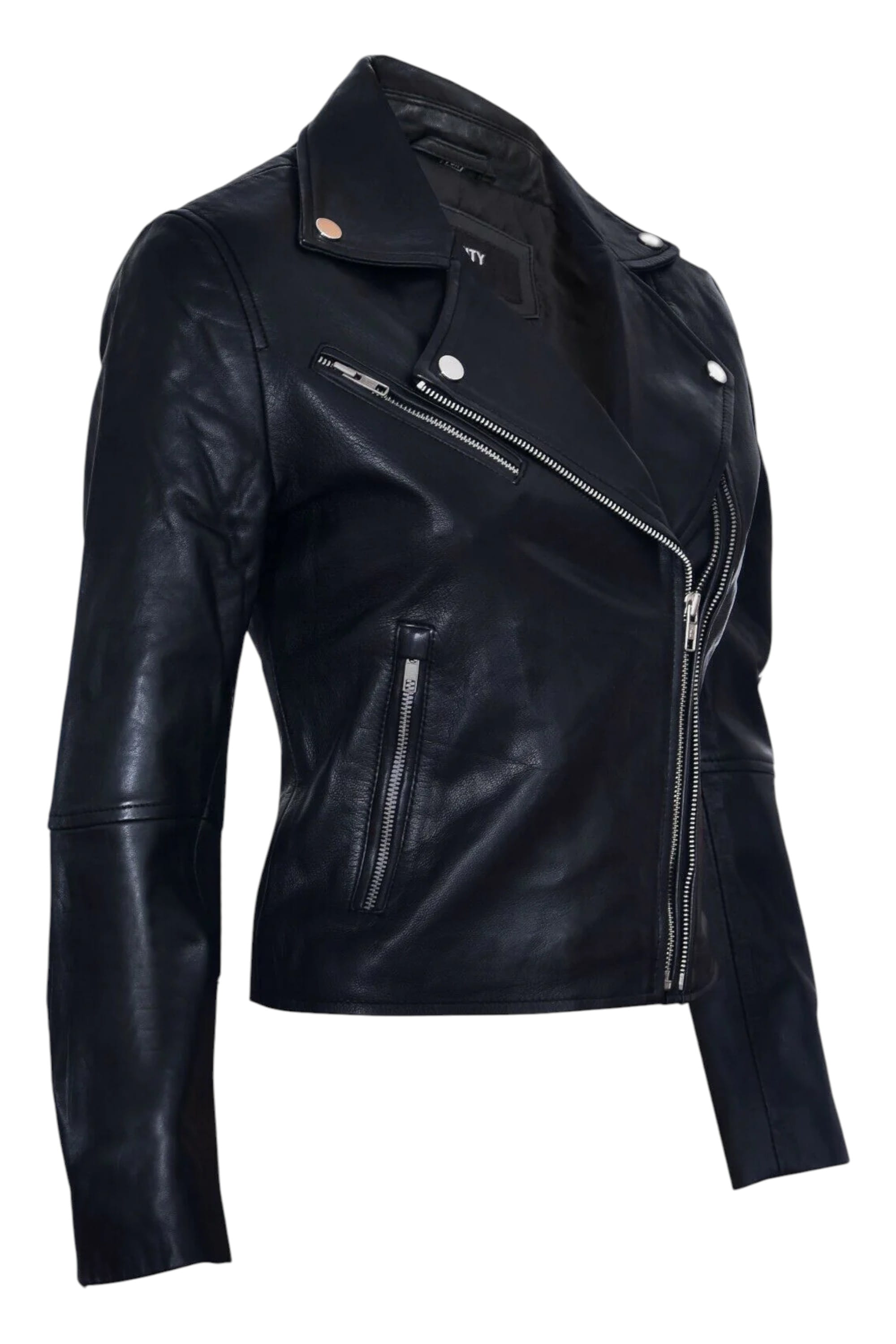 Black Womens Leather Retro Biker Jacket-Madely, Image 2 of 4