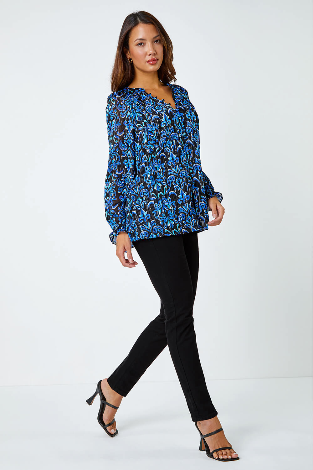 Blue Metallic Print V-Neck Chiffon Blouse, Image 3 of 5