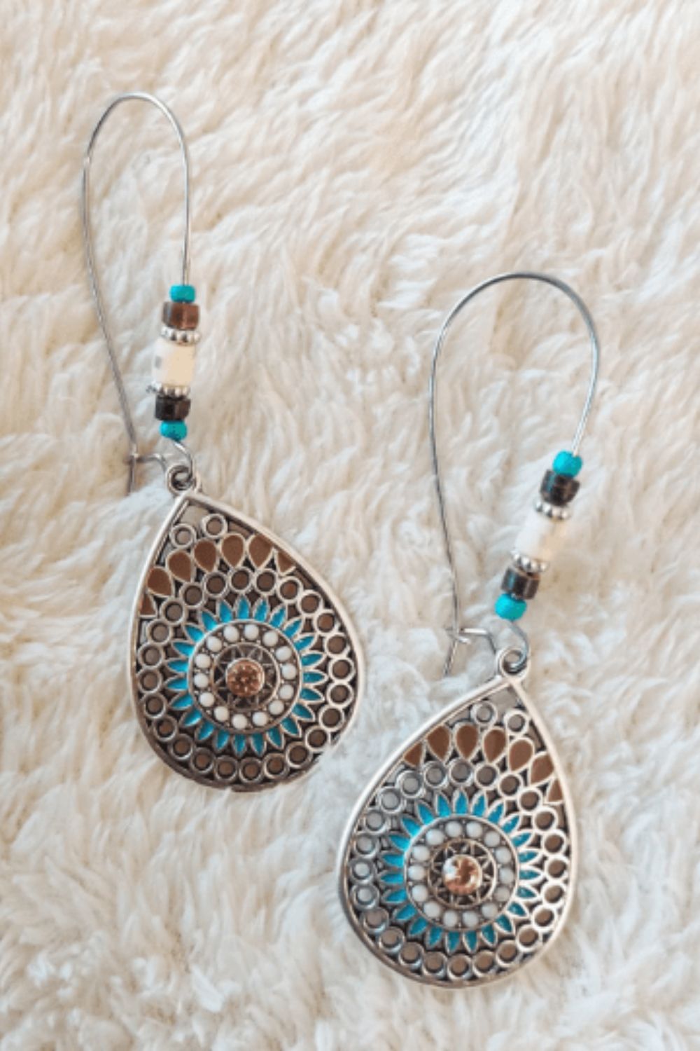 Blue Long Mandala Floral Enamel Triangle Boho Drop Danglers, Image 4 of 4