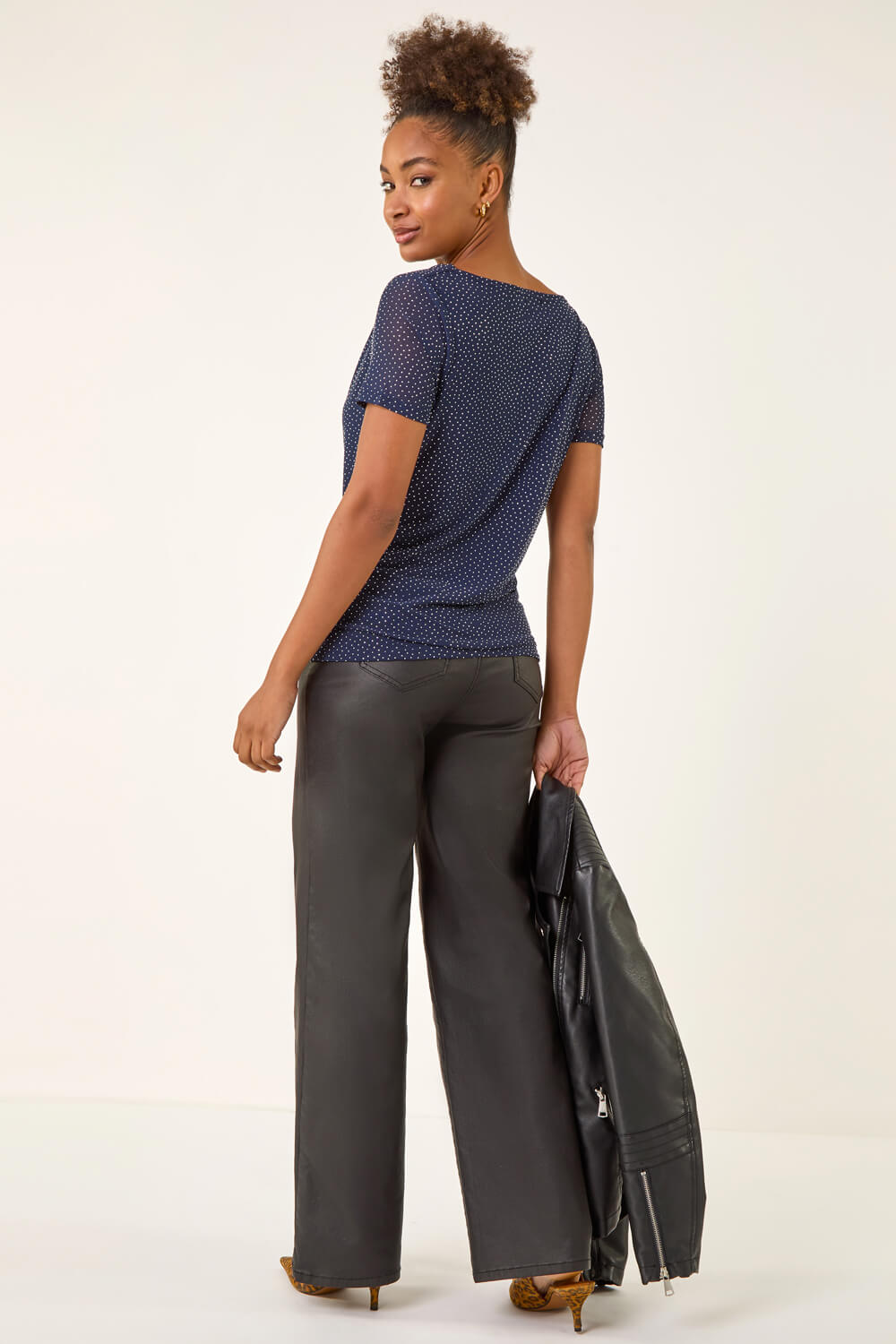 Navy Embellished Cowl Neck Top, Image 4 of 5