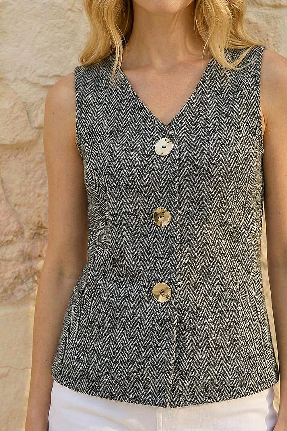 Charcoal Herringbone Mock Button Waist Coat, Image 5 of 5