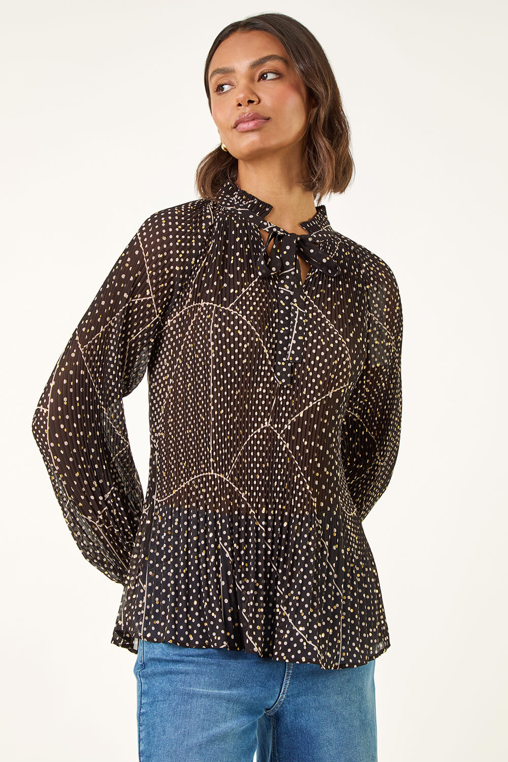 Black Spot Print Tie Neck Pleated Top, Image 5 of 5