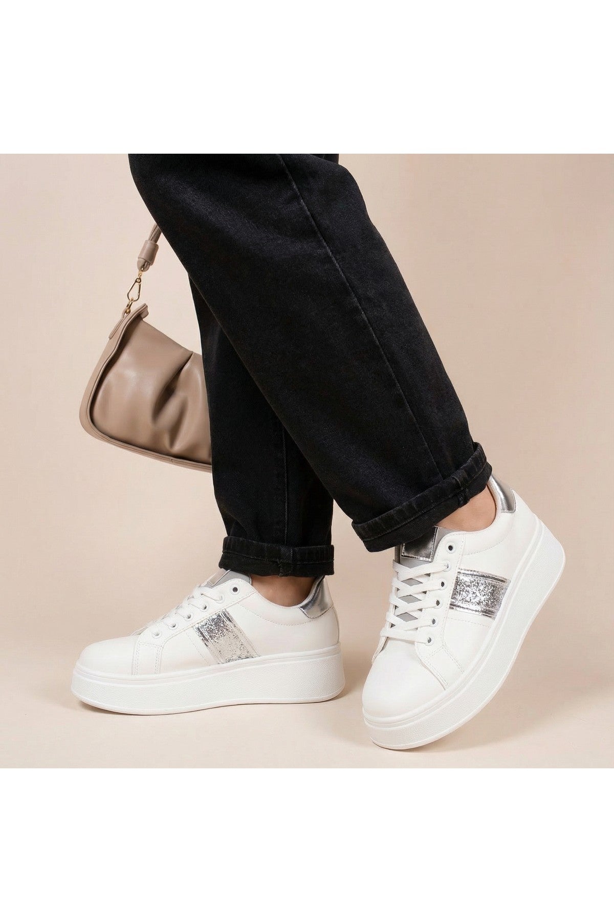 Silver Malina Chunky Platform Glitter Detail Trainers, Image 1 of 8