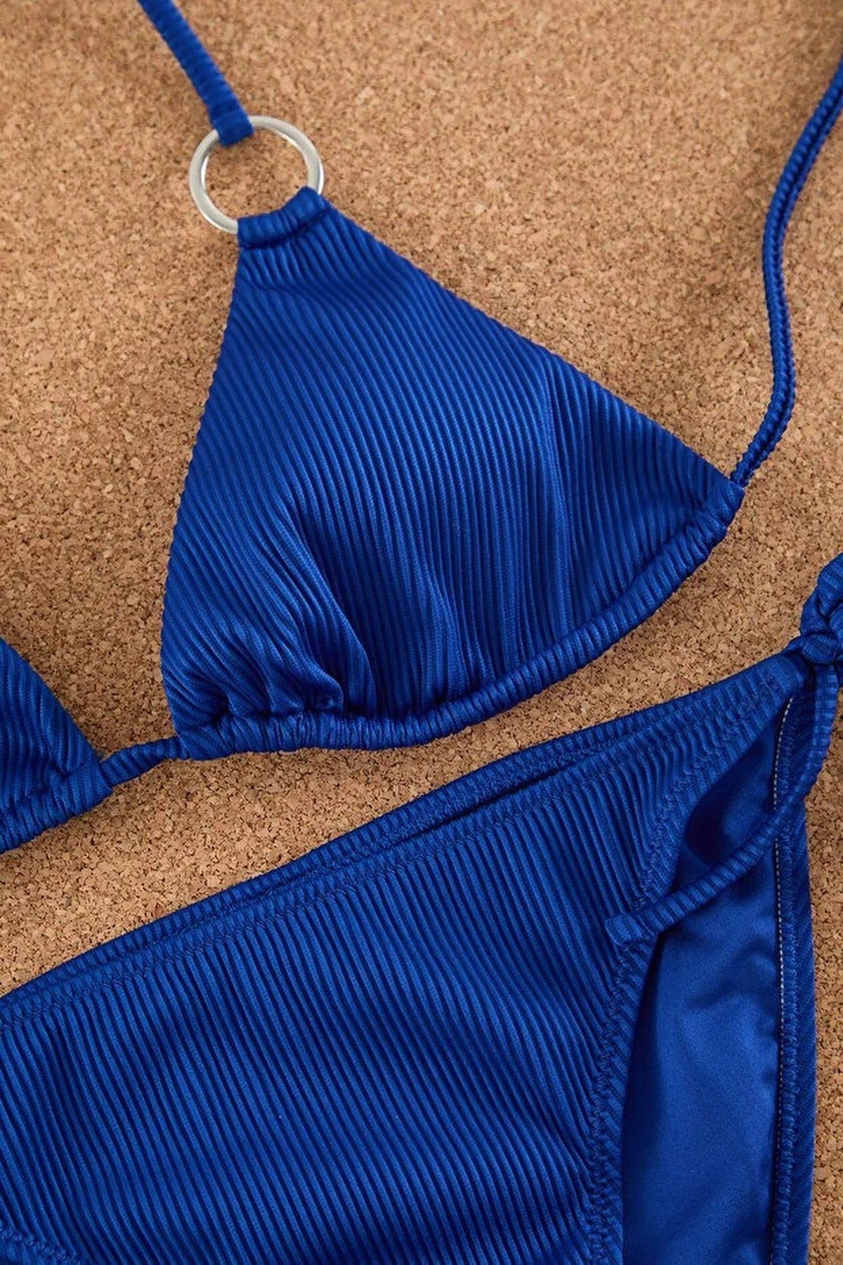 Royal Blue WOVCOR Royal Blue Ribbed Triangle Bikini Set with Ring Detail, Image 4 of 5