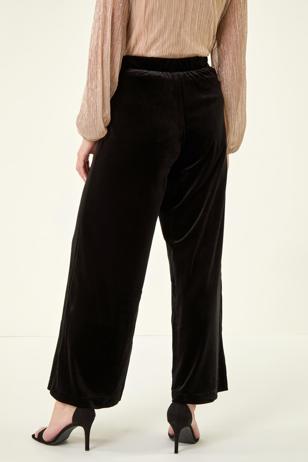 Black Petite Wide Leg Velvet Stretch Trouser, Image 4 of 5