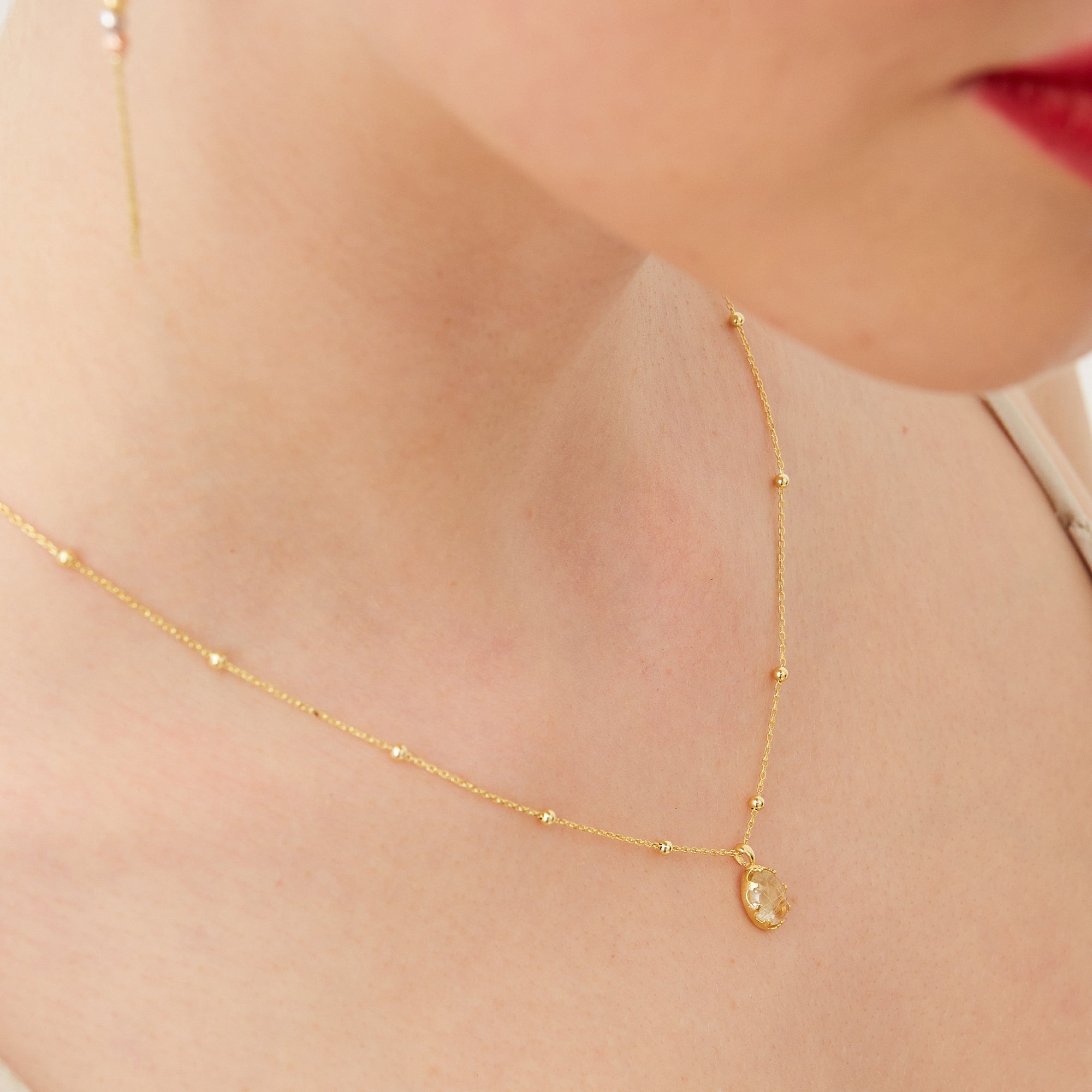 Gold Moonstone Sterling Silver Pendant Necklace With Beaded Chain, Image 3 of 4
