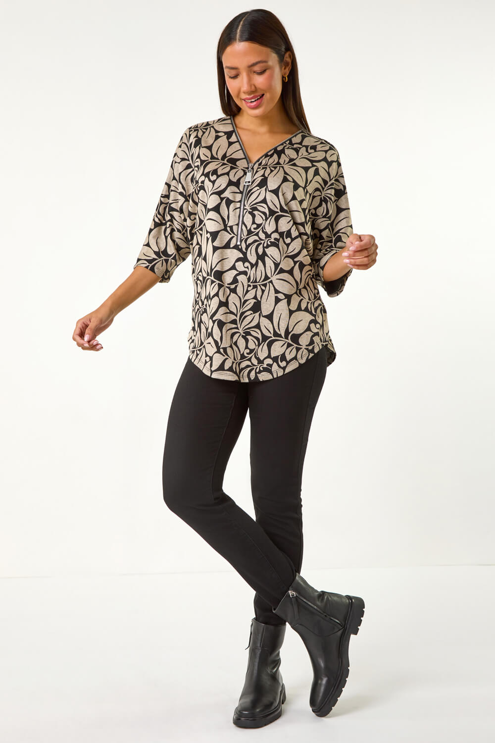 Stone Leaf Print Front Zip Stretch Top, Image 3 of 5