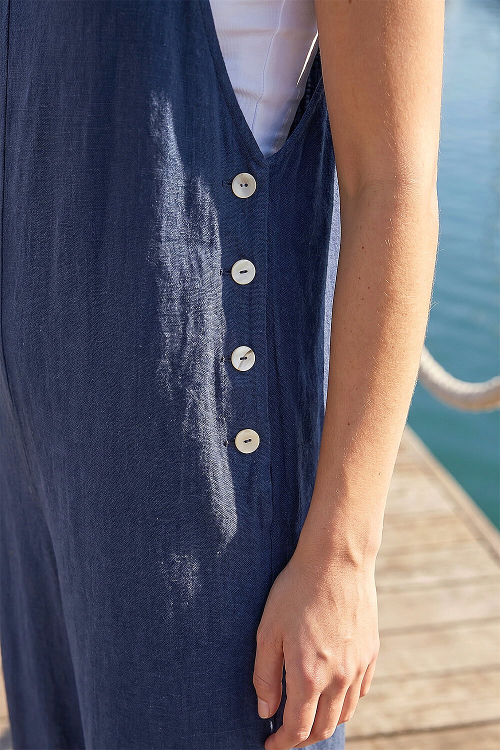 Navy Petite Strappy Tie Button Jumpsuit, Image 5 of 4