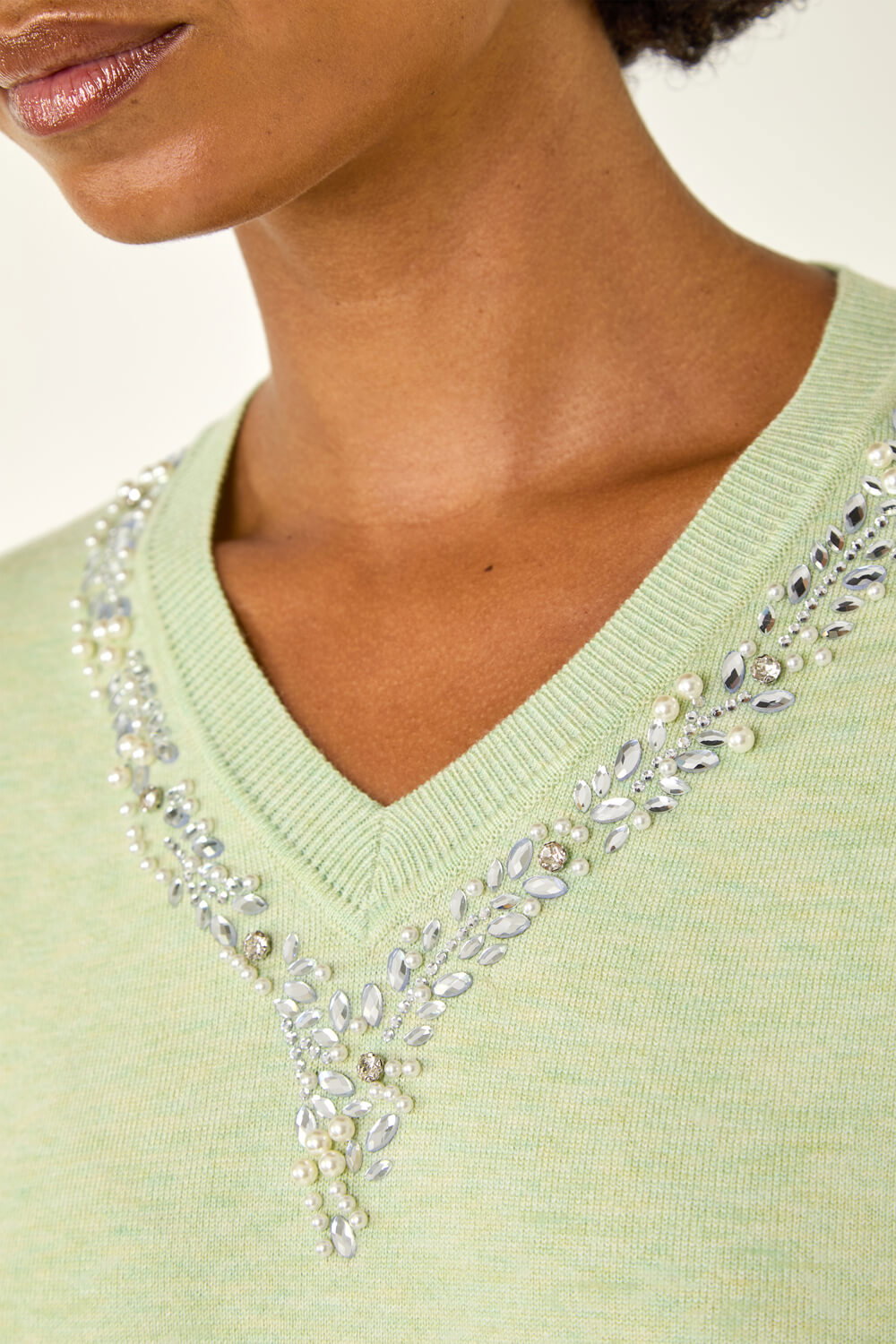 Pale Green V-Neck Sparkly Trim Jumper, Image 6 of 5