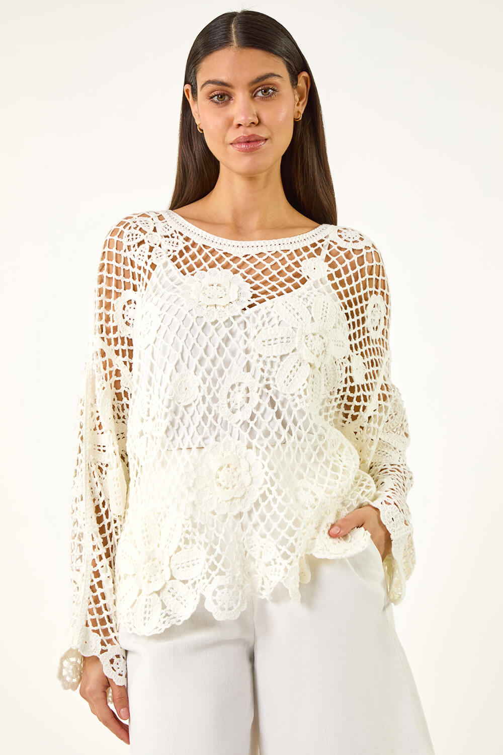 Roman Women's Ivory Floral Open Crochet Knit Tunic Small