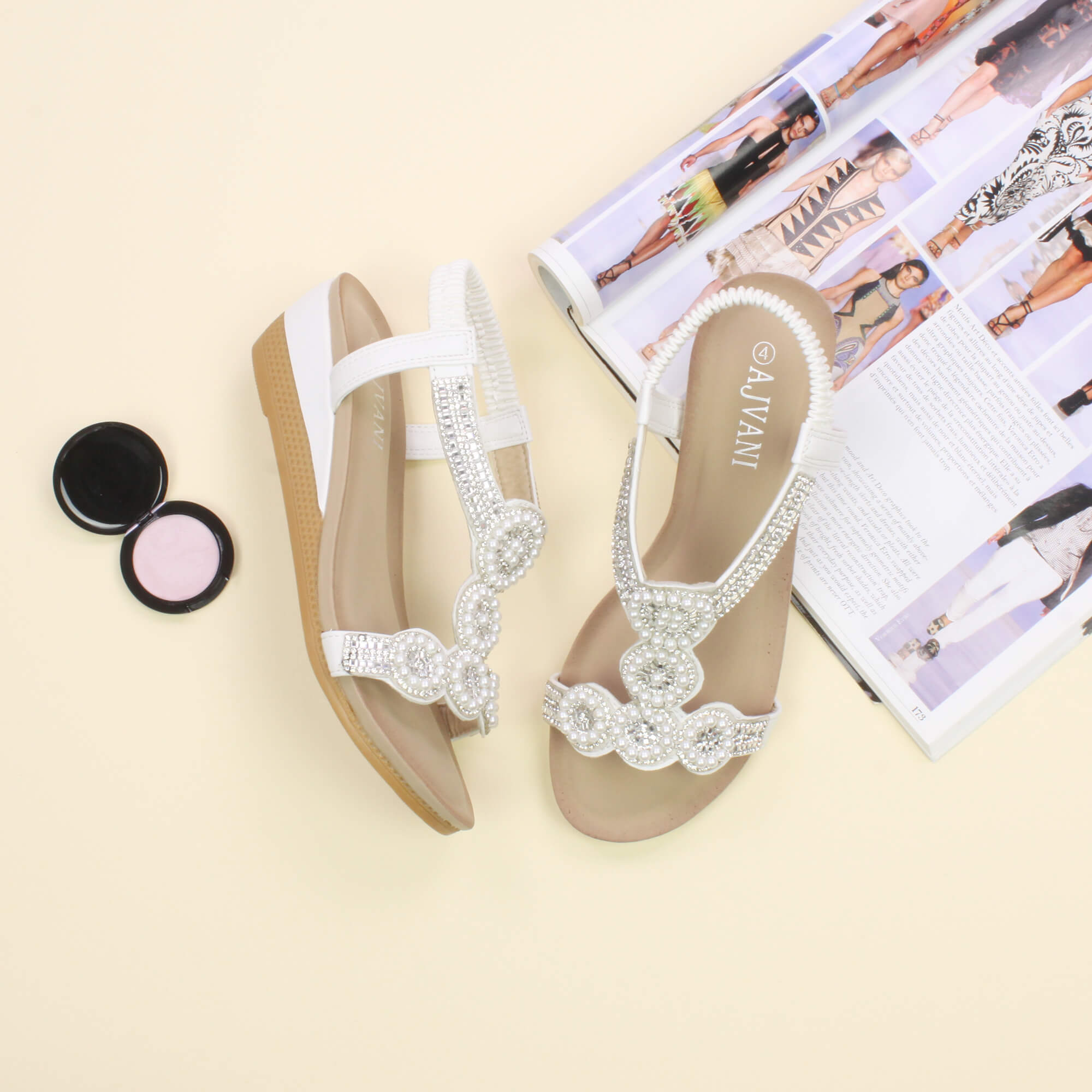 White AJVANI White Mid Wedge Diamante Slingback Sandals, Image 4 of 6