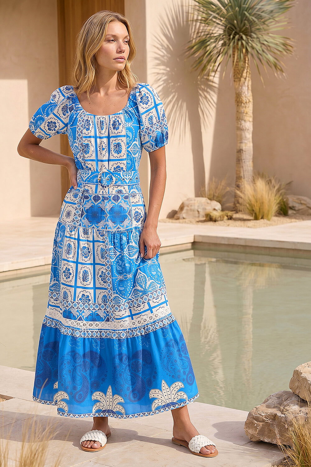 Royal Blue Abstract Border Belted Midi Dress, Image 1 of 4