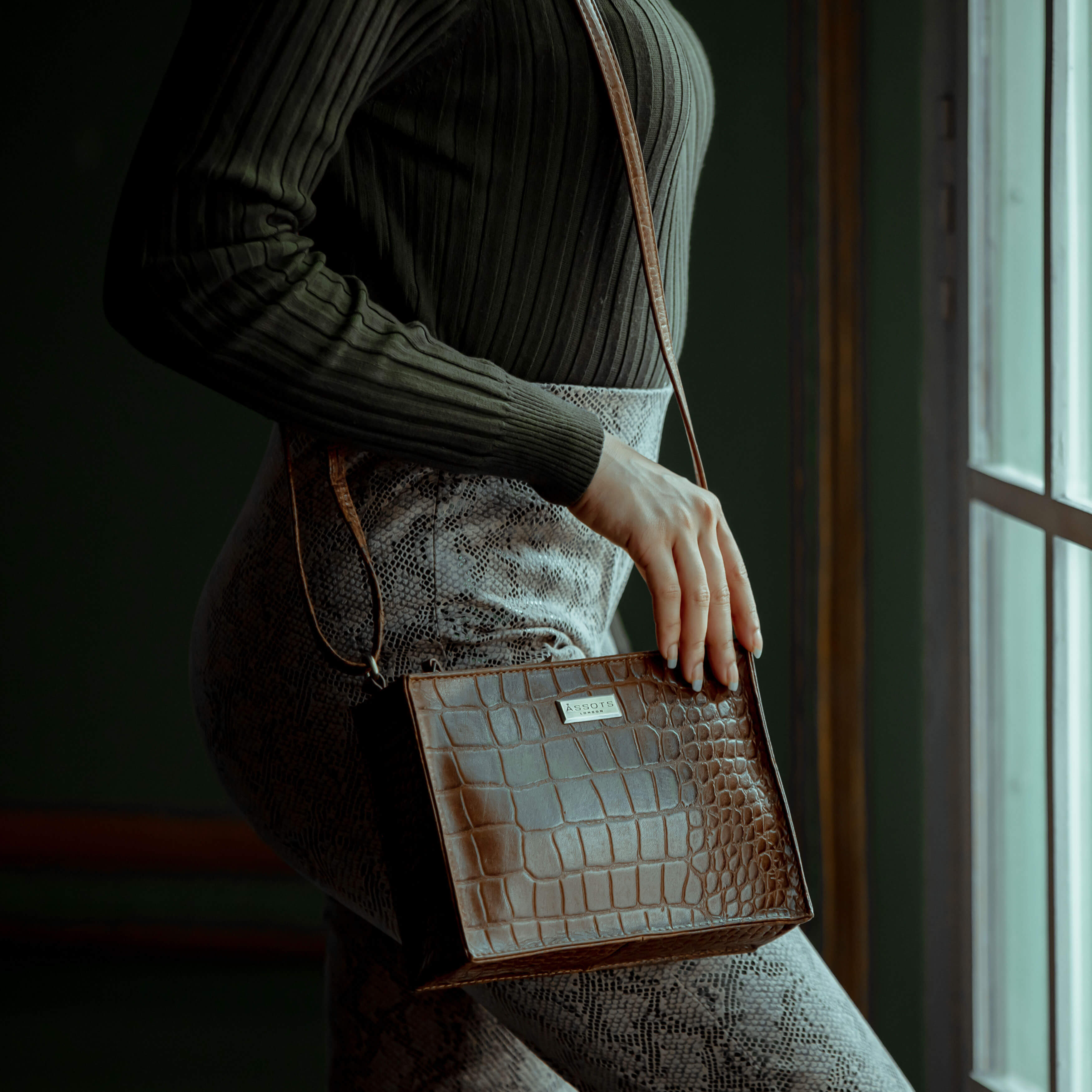 Tan 'SUSAN' Croc Real Leather Rectangle Box Crossbody Bag, Image 2 of 5