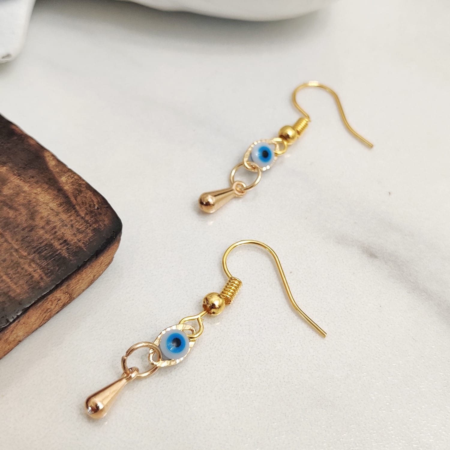 Gold Evil Eye Dangle Earrings Turkish Charm, Image 6 of 6